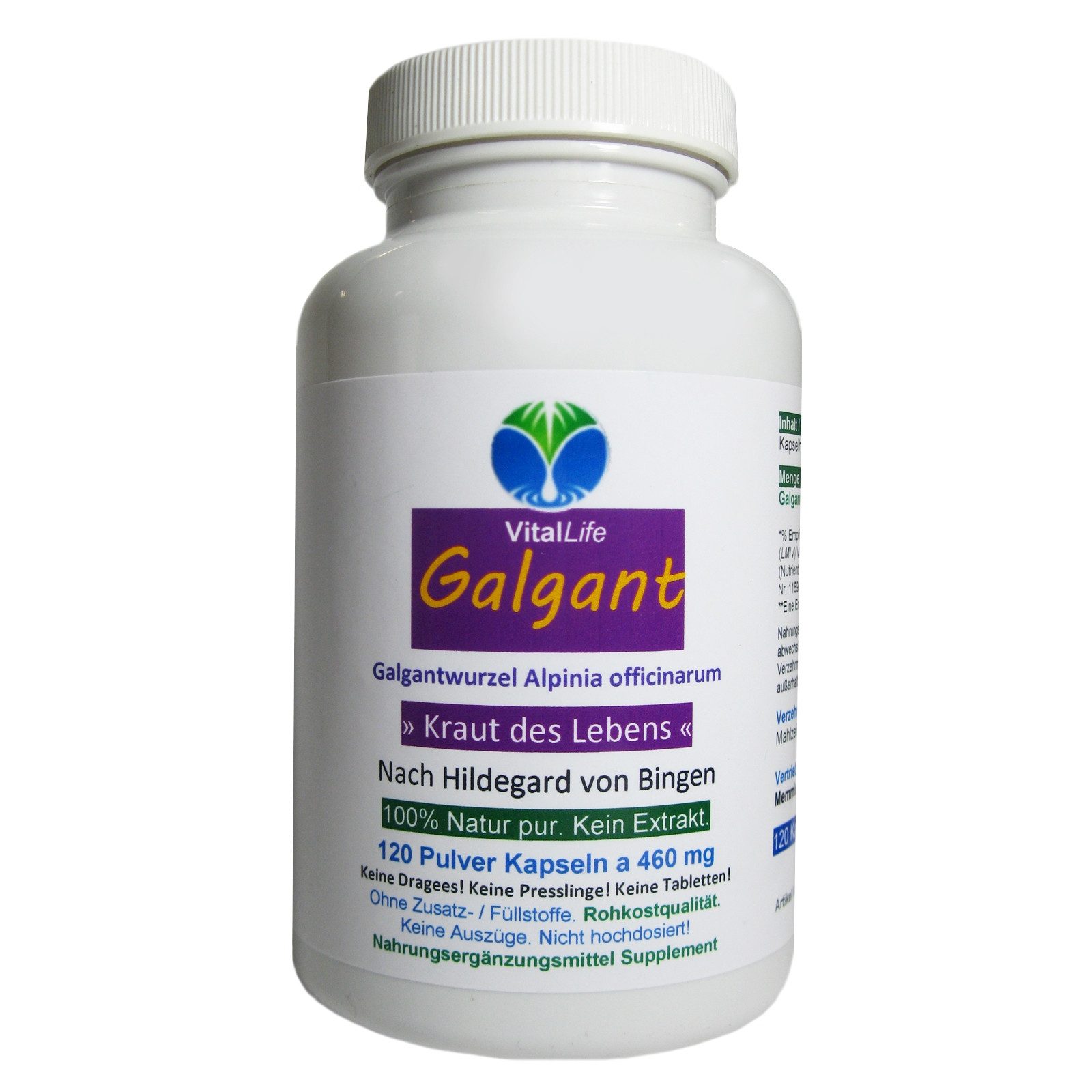 VitalLife Galgant Galgantwurzel Bitterstoffe nach Hildegard von Bingen Kapseln, 1 er Dose à 120 St., 55,2 g, Art. 26875-120