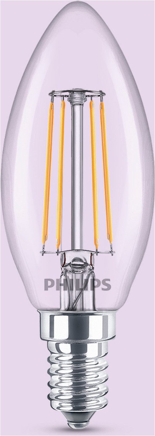 Philips LED-Leuchtmittel Lampe, 3er-Pack, 40W, Kerzenform, E14, 3 St., Warmweiß, Lange Lebensdauer, Warmweißes Licht, Klar