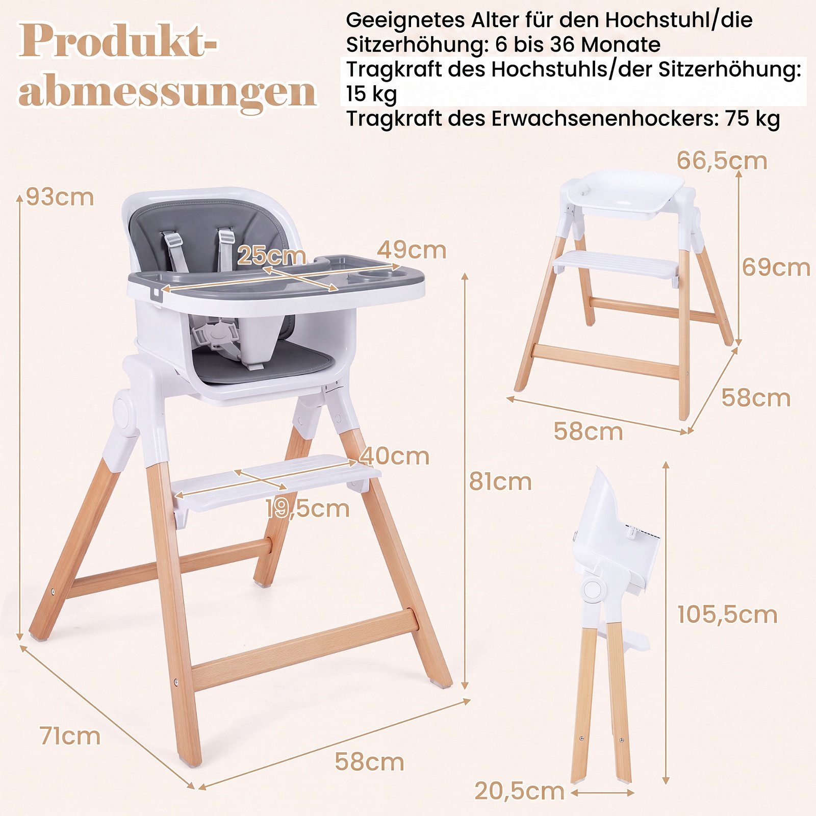 COSTWAY Hochstuhl, Kinderhochstuhl, Babystuhl klappbar, mit Fußstütze