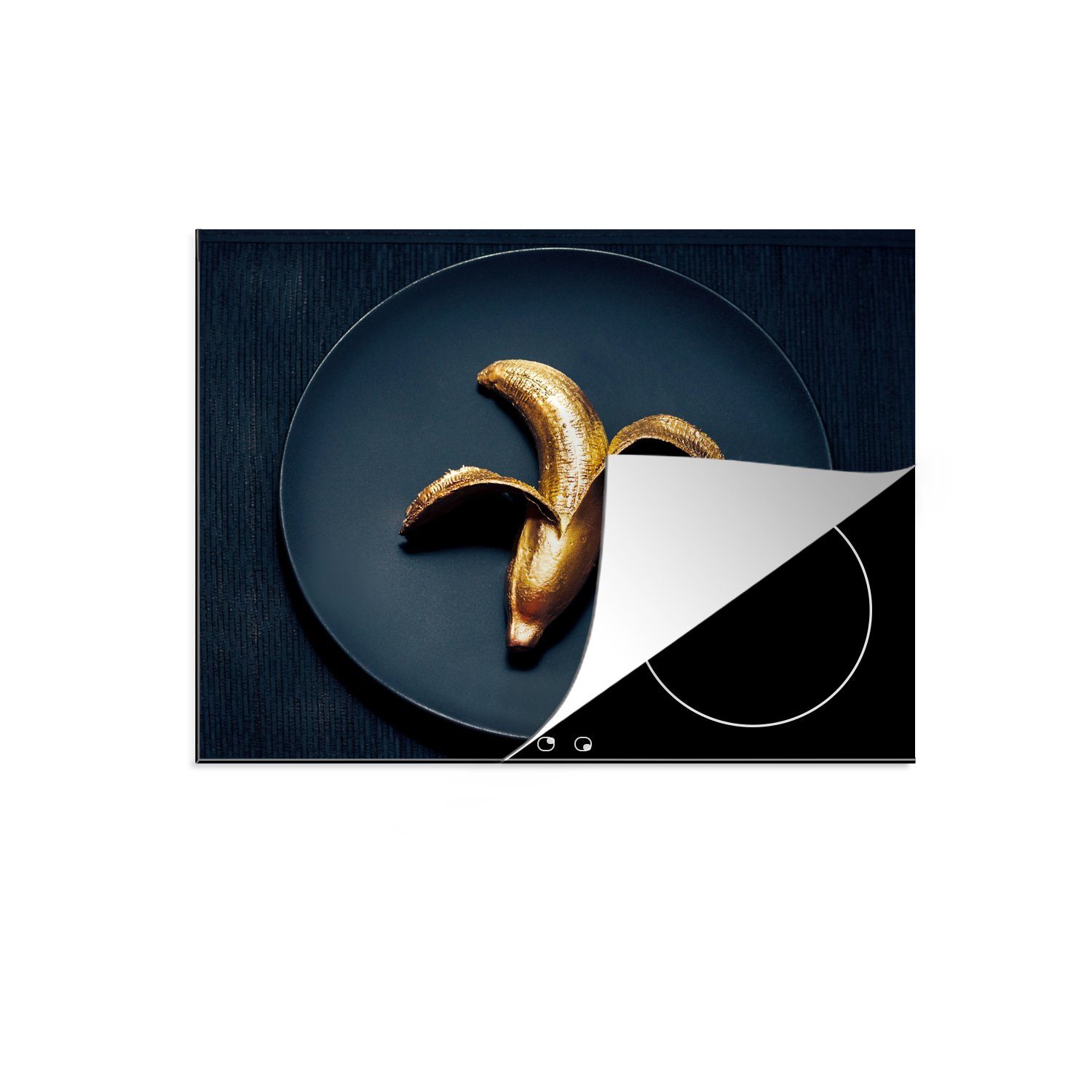 MuchoWow Herdblende-/Abdeckplatte Goldene Banane auf dunklem Hintergrund, Vinyl, (1 tlg), 59x52 cm, Ceranfeldabdeckung für die küche, Induktionsmatte