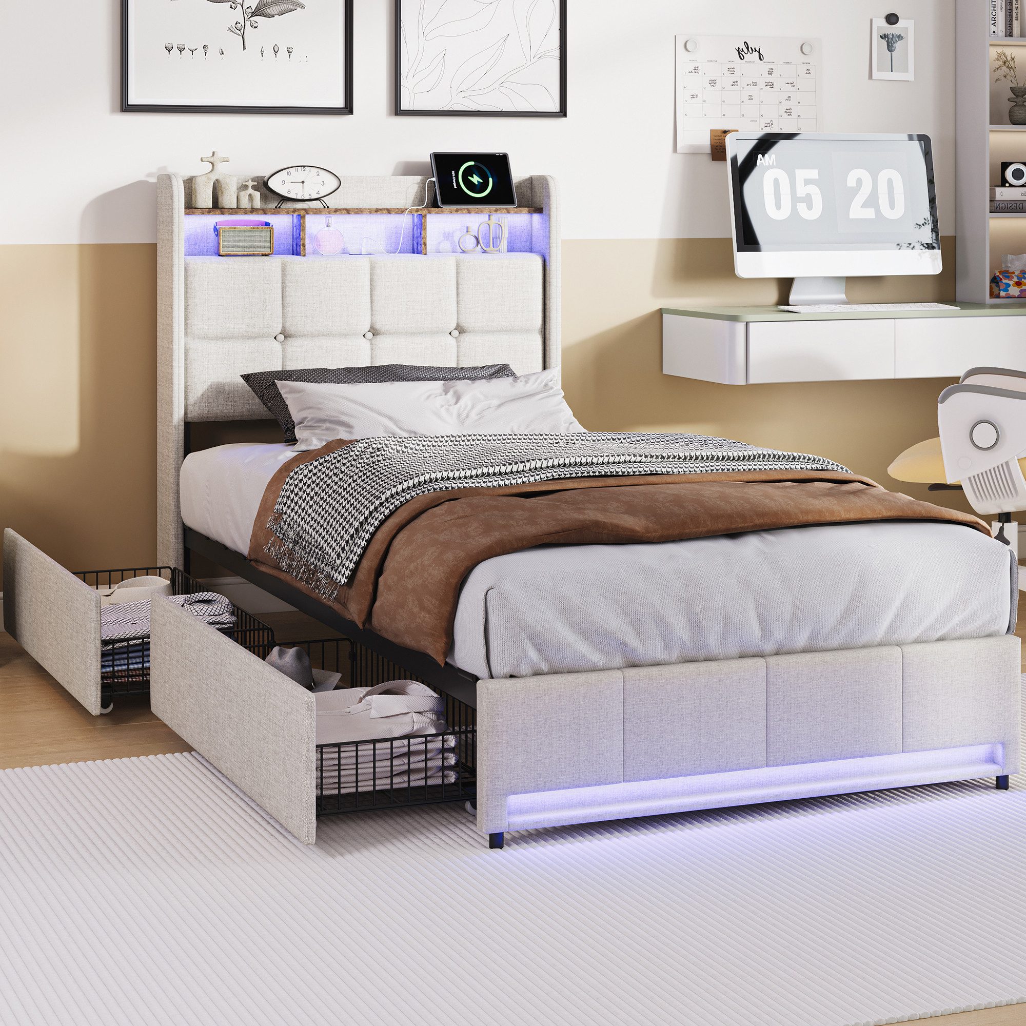 Furnishings Home Polsterbett 90x200 cm, LED Stauraumbett Jugendbett (1-tlg., Leinenmaterial, Komforthöhe, Leises Design Bett), Mit Ladefunktion und 2 Schubladen LED-Beleuchtung Einzelbett