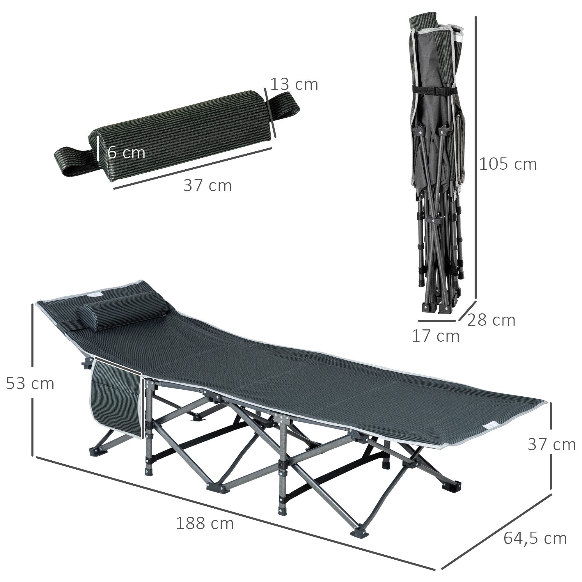Outsunny Feldbett klappbares Klappbett (Campingbett mit Kopfkissen, Seitentasche, 1-St., Gästebett bis 150 kg belastbar) für Reisen, Outdoor, Oxford, Grau