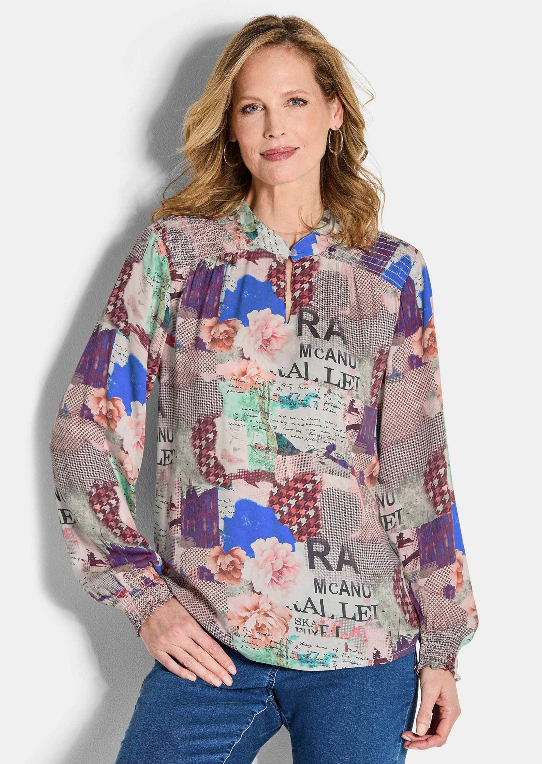 GOLDNER Schlupfbluse Leichte Printbluse mit Patchwork-Muster Schlupfbluse mit Stehkragen, Smokdetails und Langarm