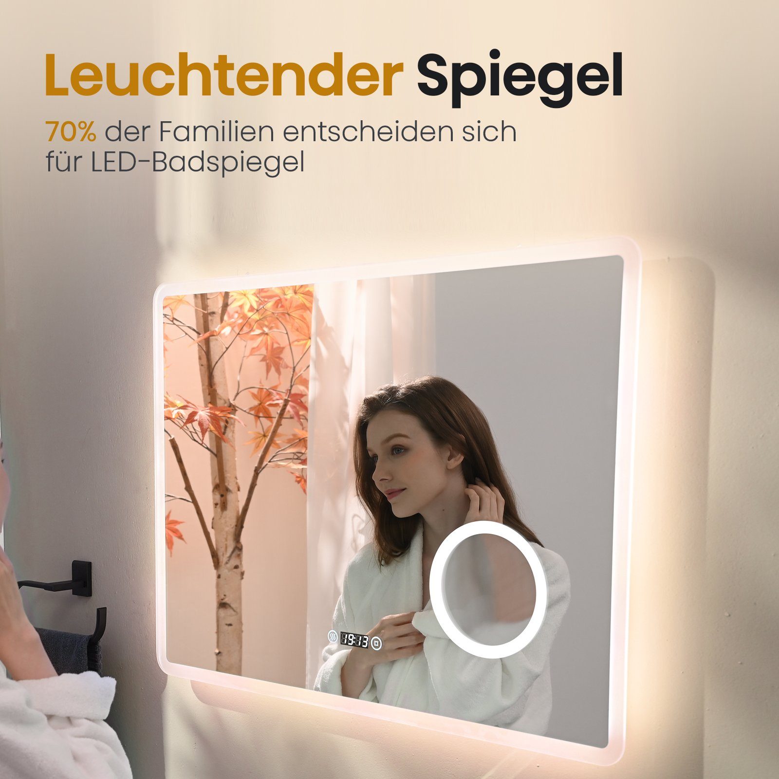 EMKE Badspiegel Badspiegel mit Beleuchtung (Modell Beschlagfrei, Touchschalter, mit M) Uhr,Energiesparend 3-fach Wandspiegel Vergrößerung, LED