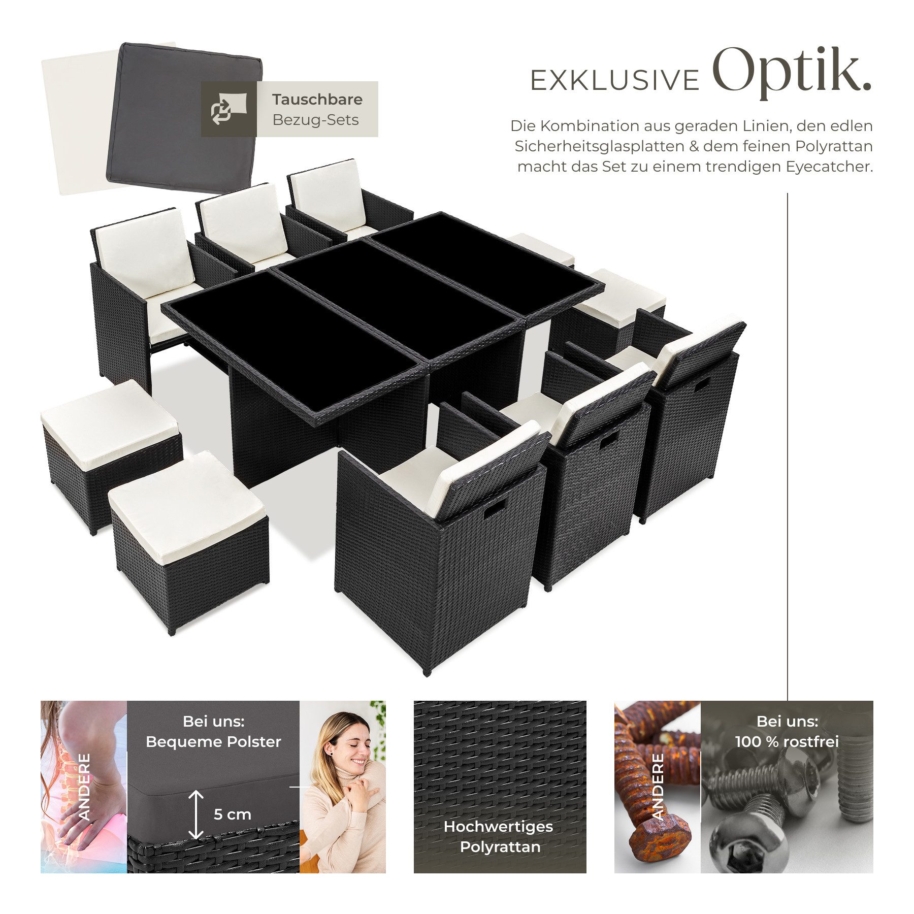 tectake Sitzgruppe Aluminium Rattan Gartenlounge für 6 bis 10 Personen, Inkl., (Loungeset New York, 12-tlg., für Außen in Schwarz), wetterfest und UV-beständig, 2 Bezugssets, mit Sicherheitsglasplatten