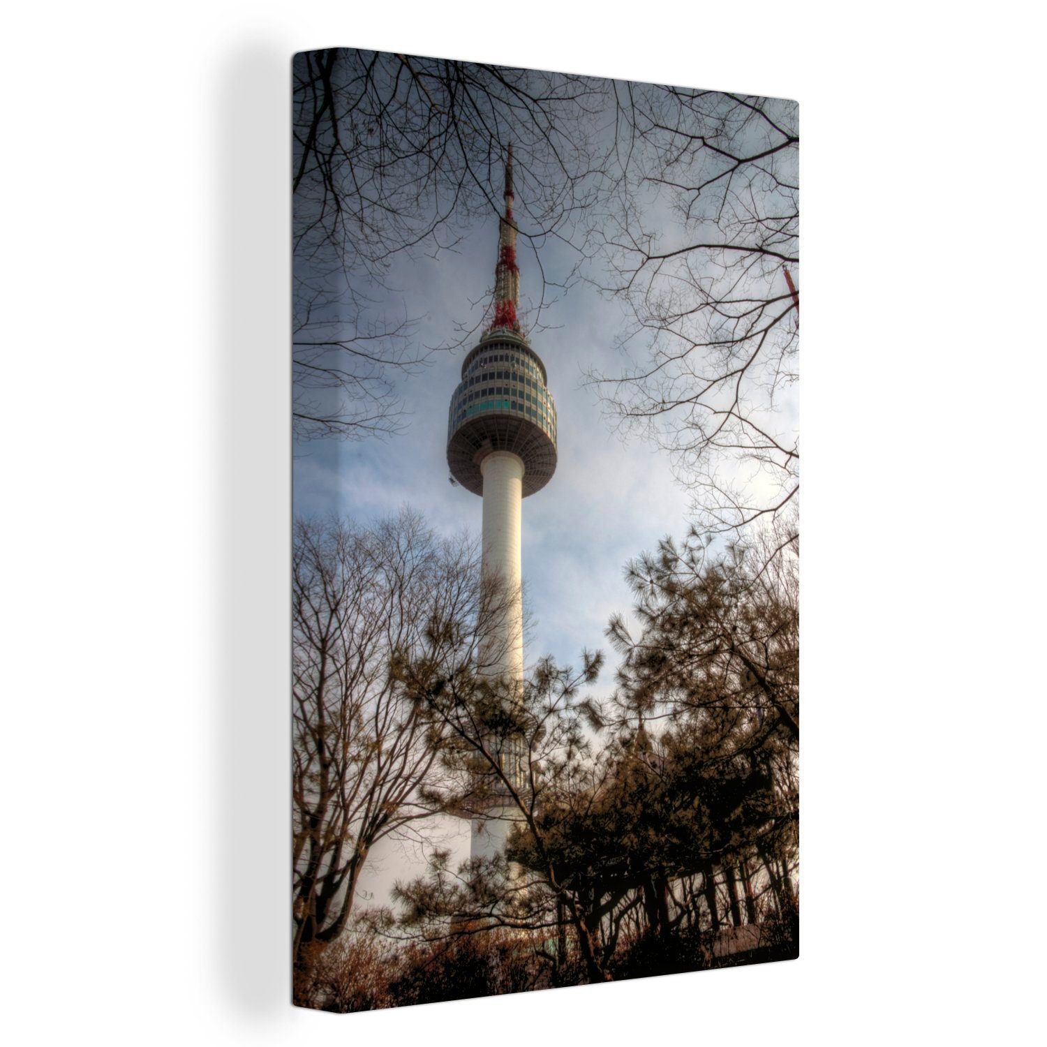 OneMillionCanvasses® Leinwandbild N-Seoul Tower - Bäume, (1 St), Leinwandbild fertig bespannt inkl. Zackenaufhänger, Gemälde, 20x30 cm | Leinwandbilder