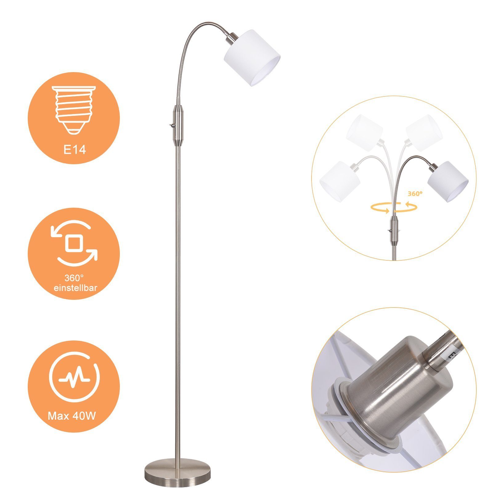 ZMH LED Stehlampe Wohnzimmer Vintage Schwarz Stehleuchte Stoff Bogen 360°, Einfache Installtion, ohne Leuchtmittel, Metallsockel E14 Stofflampenschirm