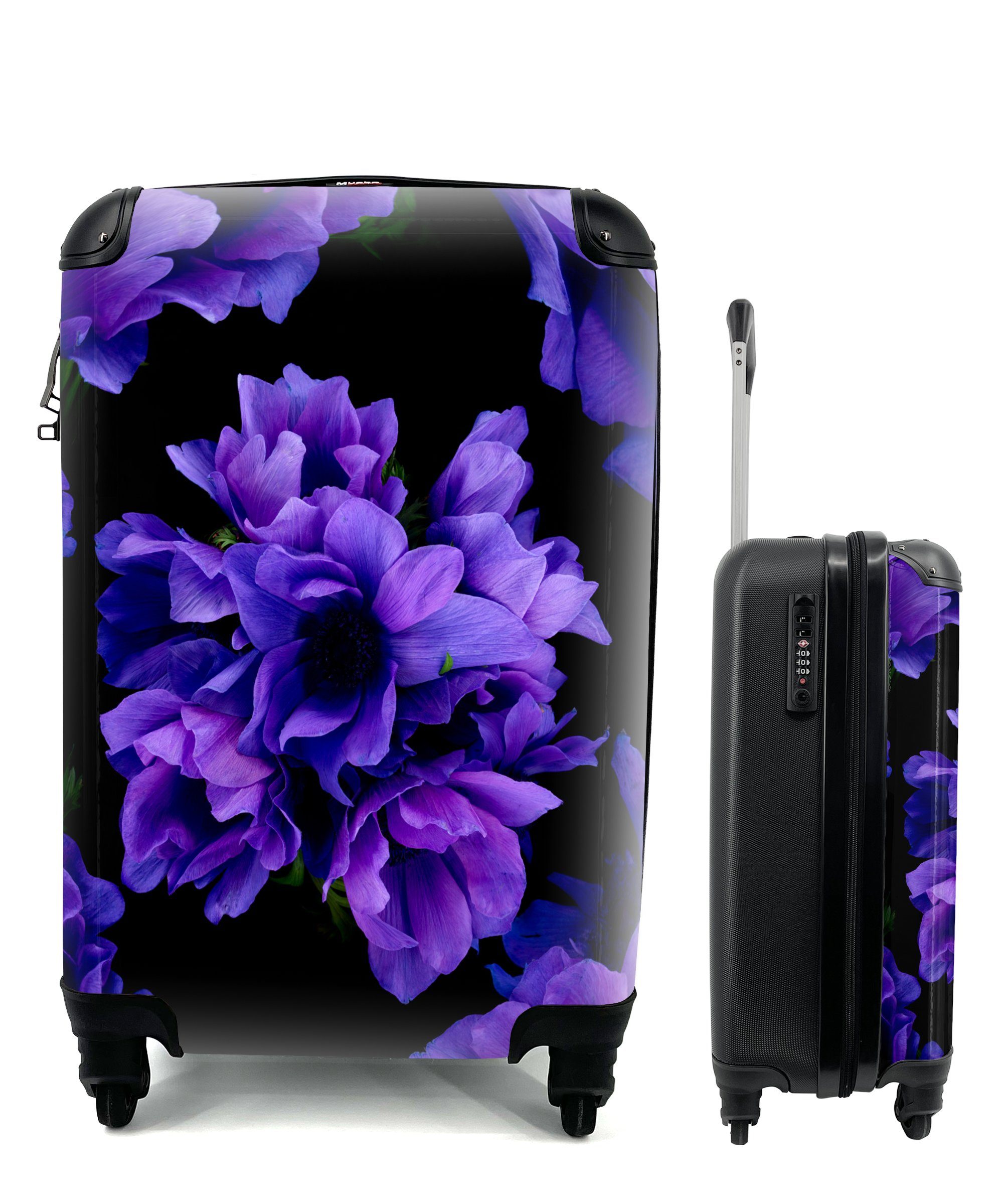 MuchoWow Handgepäckkoffer Muster - Blumen Ferien, - Handgepäck Trolley, für rollen, Reisekoffer 4 Rollen, Lila, mit Reisetasche