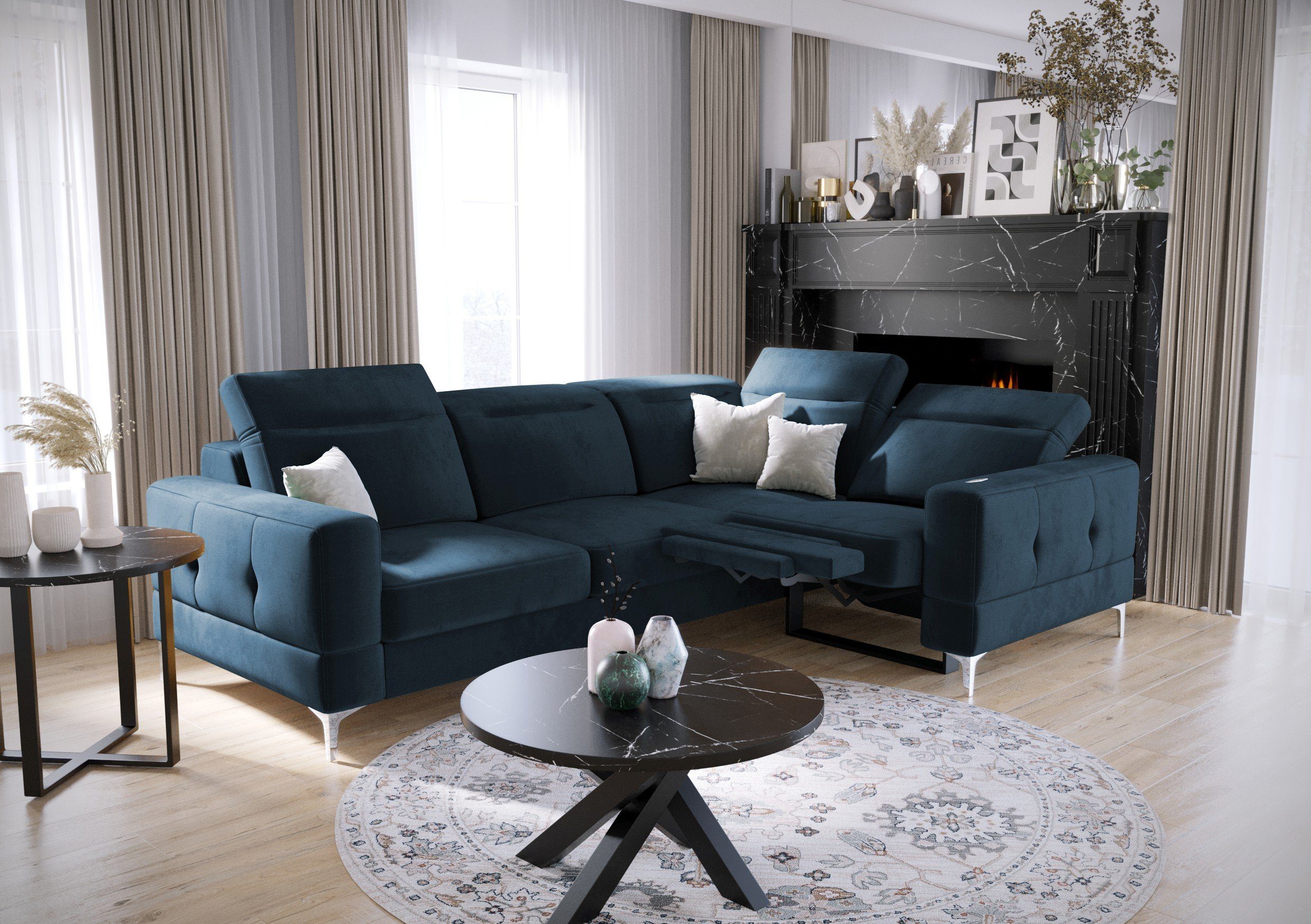 Möbel für Dich Ecksofa Malibu Relax, mit Relaxfunktion, mit Stoff-und Farbauswahl, mit Schlaffunktion Veloursstoff Element 13 dunkelblau