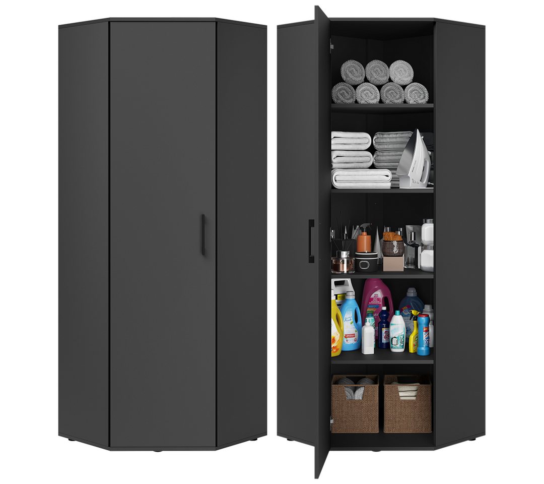 Bellamio Mehrzweckschrank Apol, Hochschrank aus Holz, Aufbewahrungsschrank (Schwarz) Eckschrank mit 1 Tür & 5 großen Fächern, robust & kratzfest