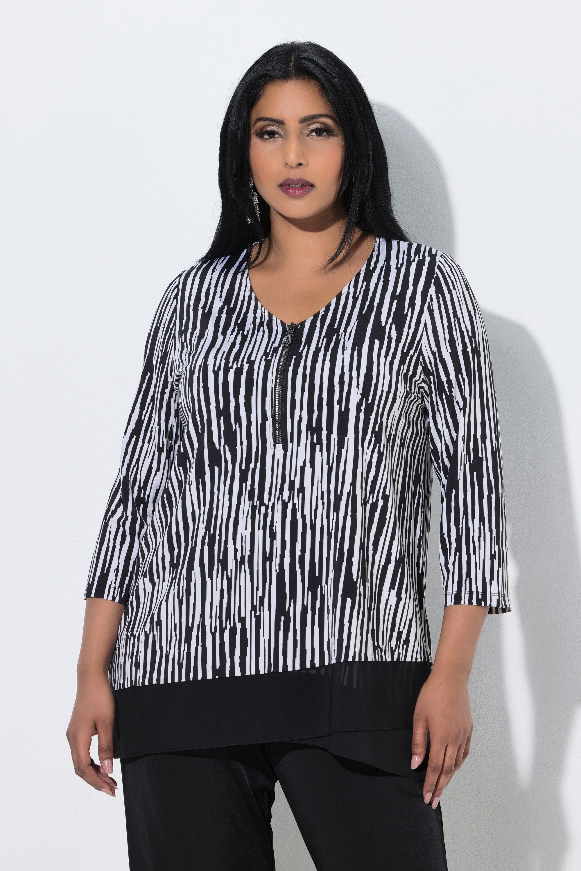 Ulla Popken T-Shirt Slinky-Shirt Streifen A-Linie V-Ausschnitt 3/4-Arm