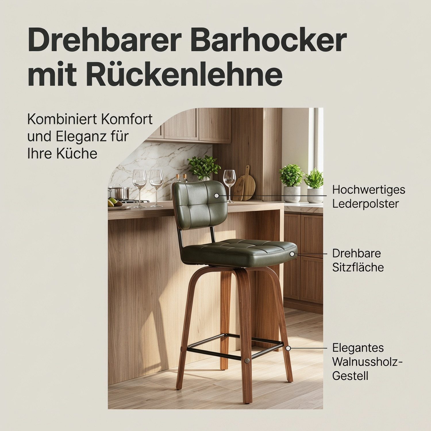 ANYSUN Barhocker 2er Set Barstühle mit Rückenlehne,360° Drehbare Hocker mit Fußstütze (Barhocker Curve,mit gebogener Holz-Sichel-Rückenlehne & Metallrahmen), fü – Bild 5 von 5