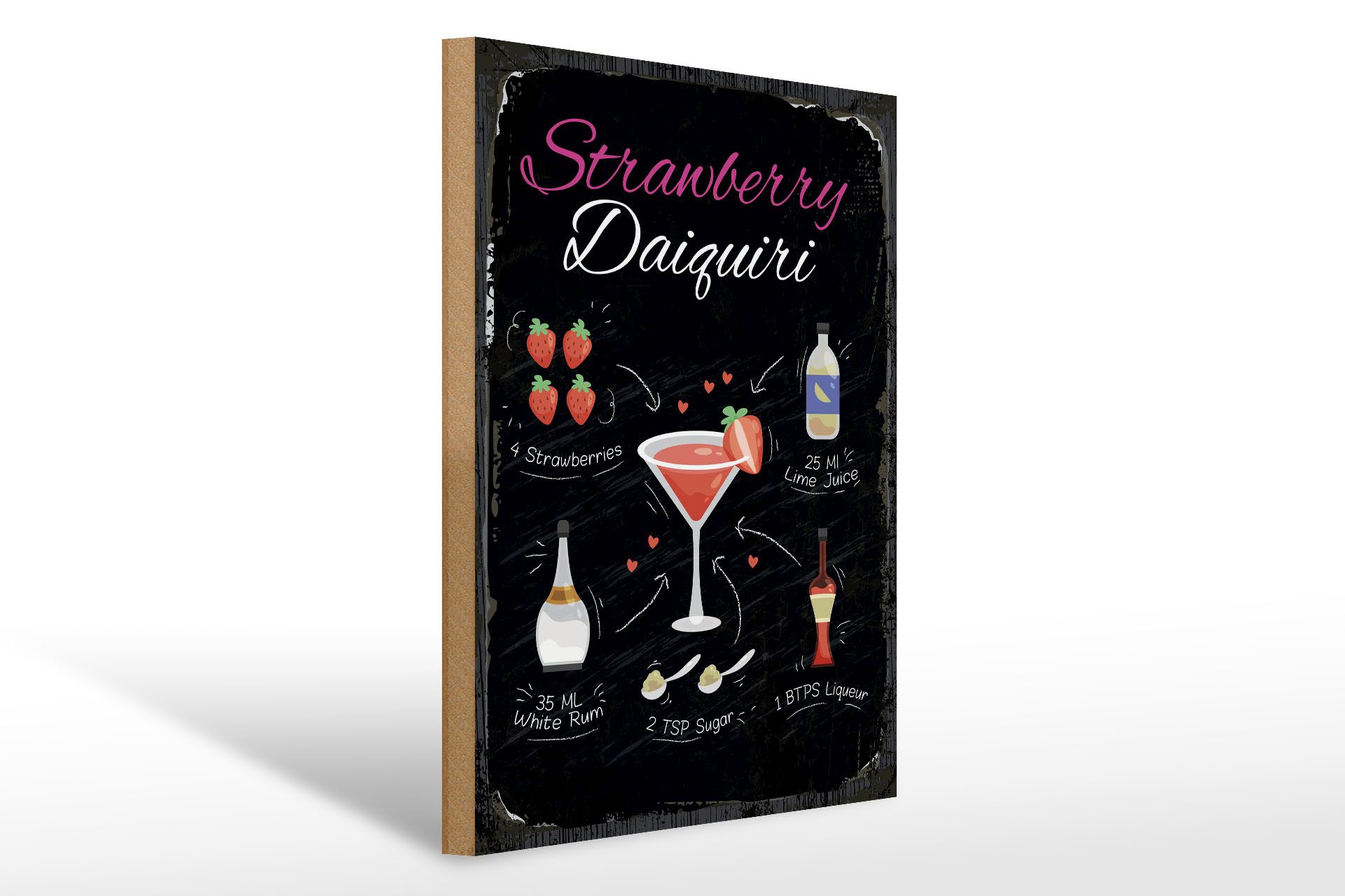 Holzbild Rezept Strawberry Daiquiri Cocktail 30x40cm