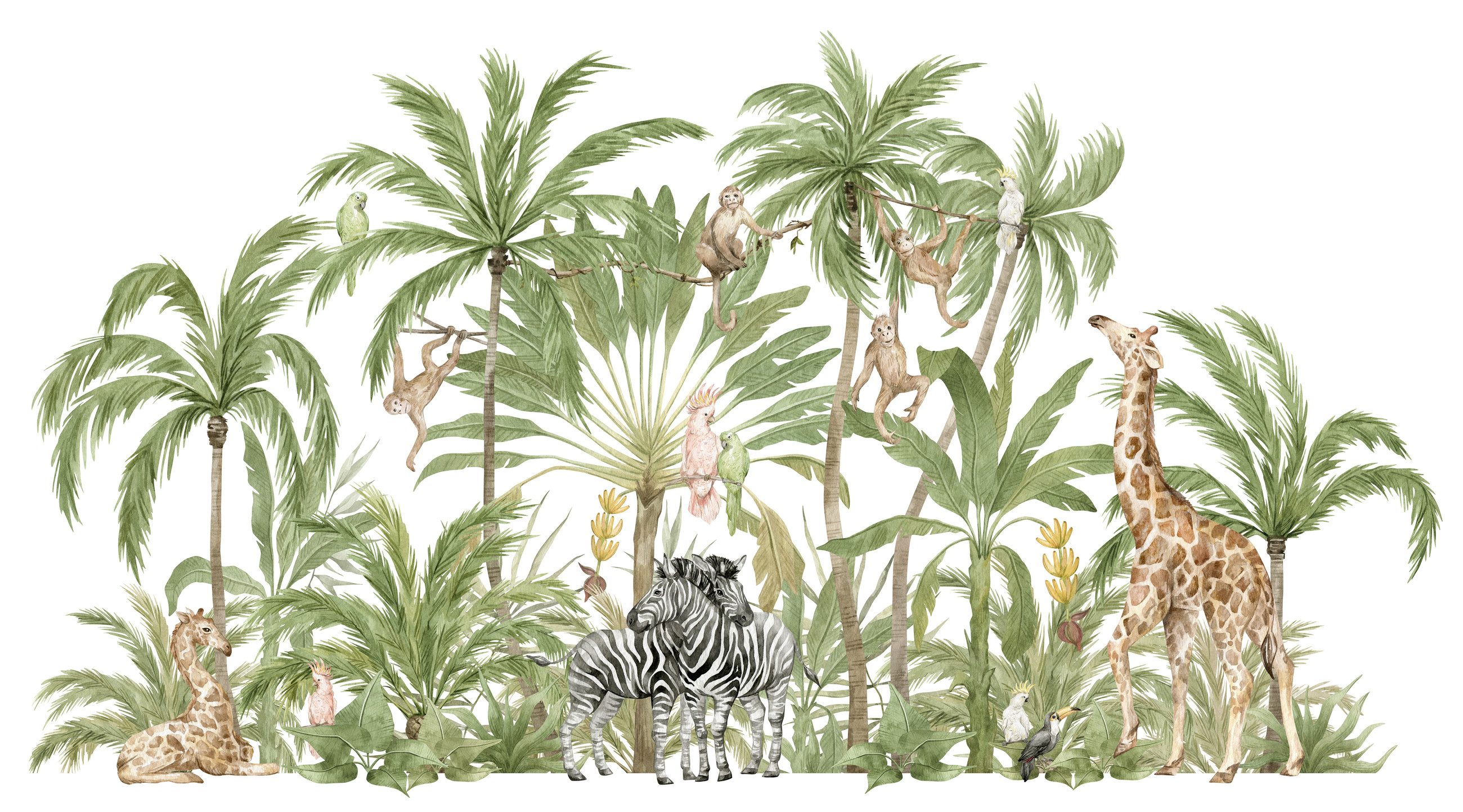 Rasch Fototapete Palmen & afrikansiche Tiere wie Zebra, Giraffe & Affen - Vliestapete, bedruckt, (1 Rolle, 1 St., 2,65 m x 4,77 m), Lichtbeständige Farben - Feucht abwischbar - Restlost abziehbar