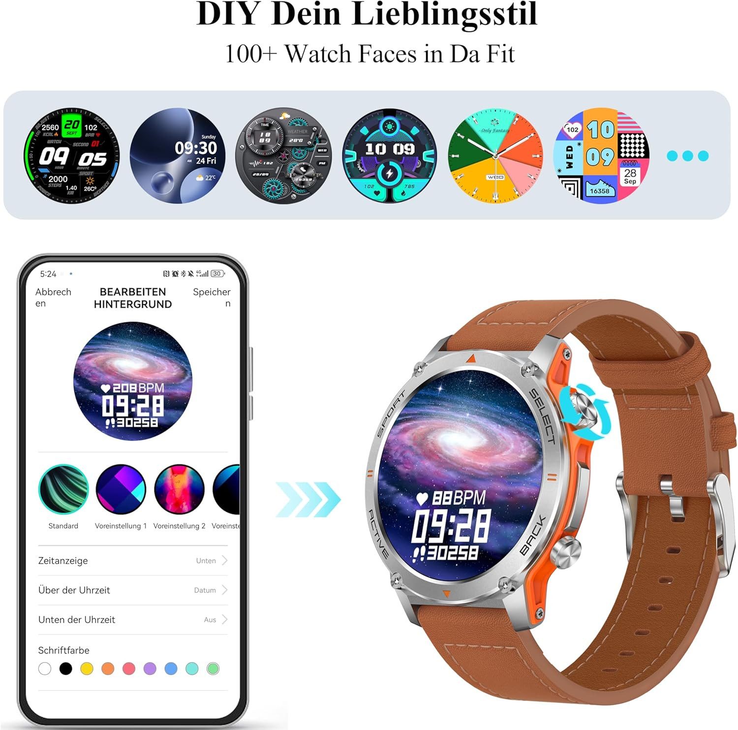 Popglory S136 Smartwatch (3,7 cm, android ios), Smartwatch mit AMOLED Display, Bluetooth Telefonie und 110