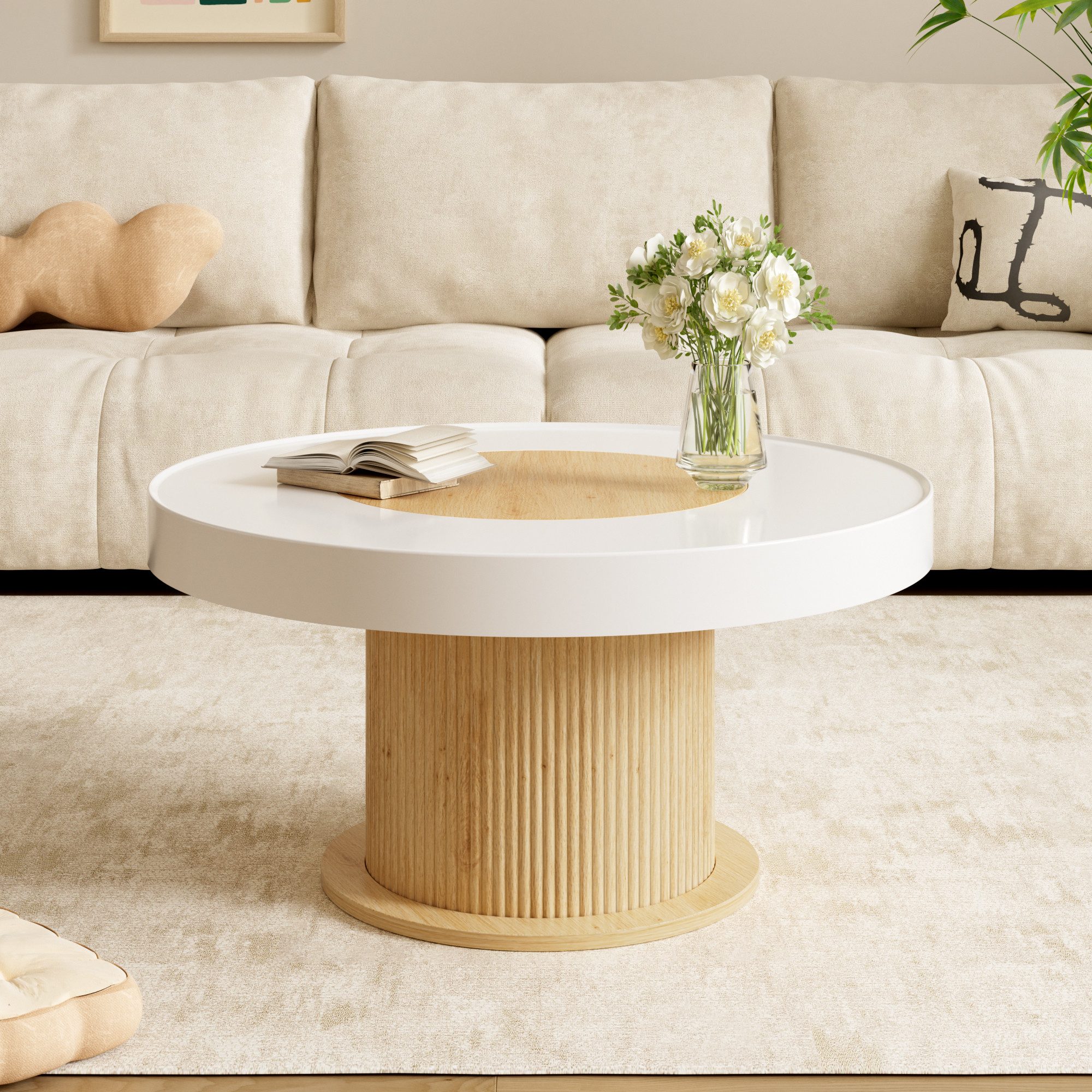 BlingBin Couchtisch Runder Wohnzimmertisch mit Rillenfuß, MDF, Weiß-Natur (1-St., inklusive Montagematerial), Beistelltisch für Wohnzimmer,Ø 75 x H 39 cm,Modern