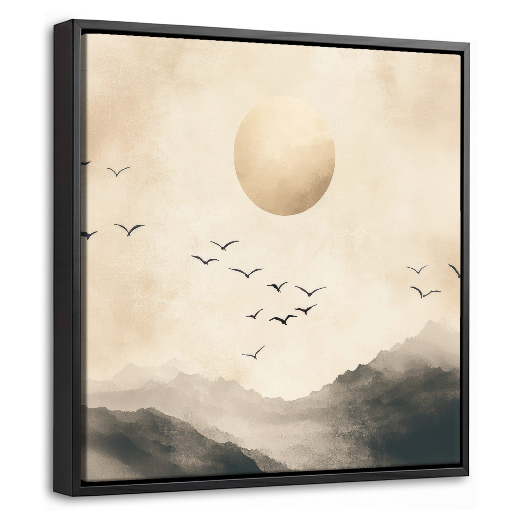 OneMillionCanvasses® Leinwandbild mit Rahmen - Landschaft - Japandi - Vogel, Fotodruck (1 St), Leinwand Bilder Klein, Wand Dekoration Aesthetic 20x20cm