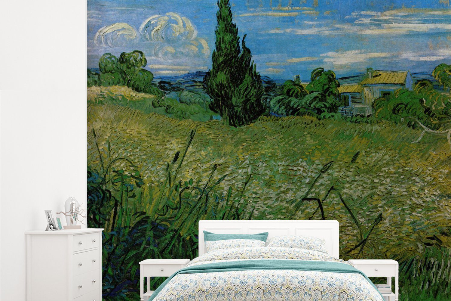 MuchoWow Fototapete Grünes Kornfeld mit Zypressen - Vincent van Gogh, Matt, bedruckt, (5 St), Vliestapete für Wohnzimmer Schlafzimmer Küche, Fototapete