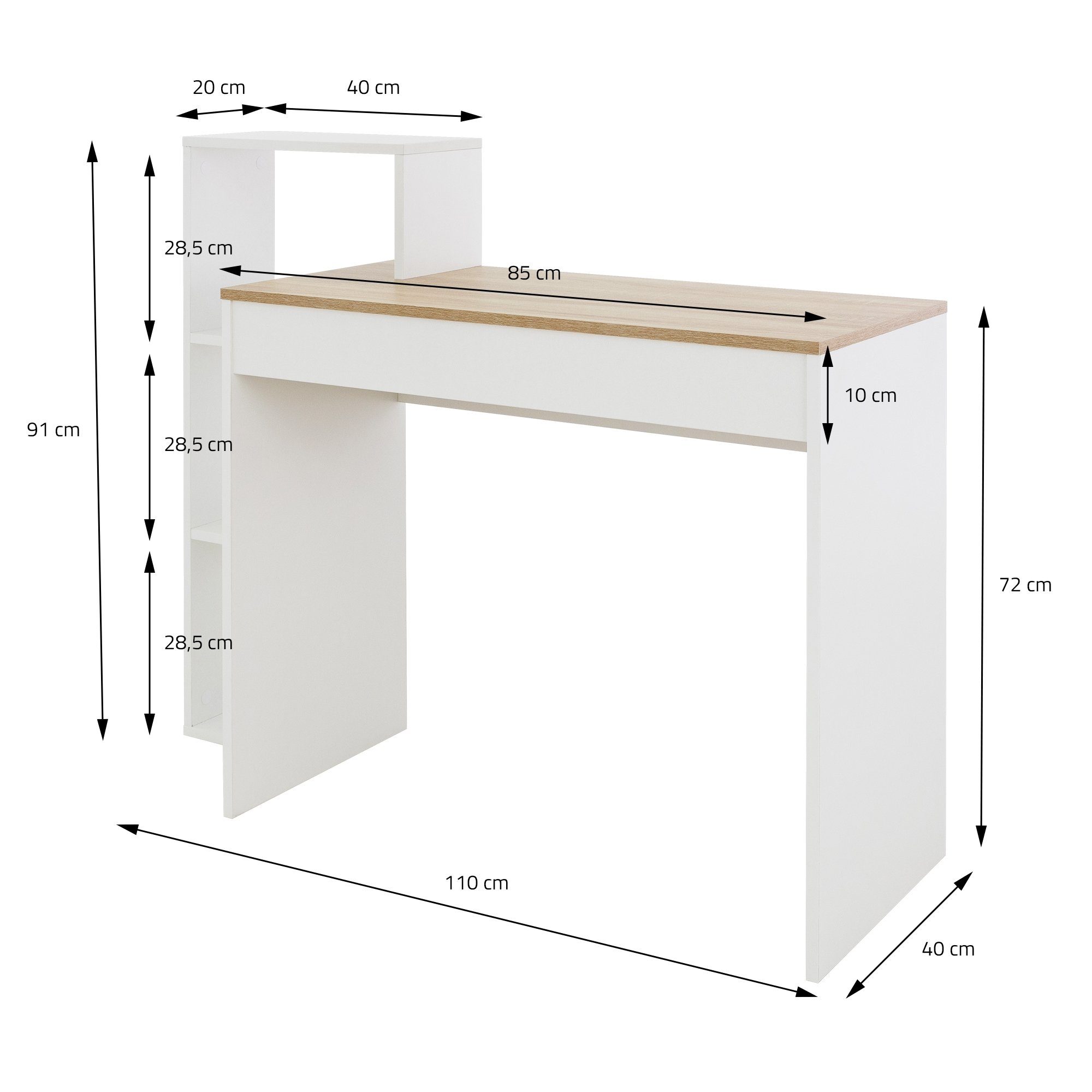 110x72x40 ML-DESIGN Weiß/Sonoma-Eiche cm Schreibtisch Schreibtisch
