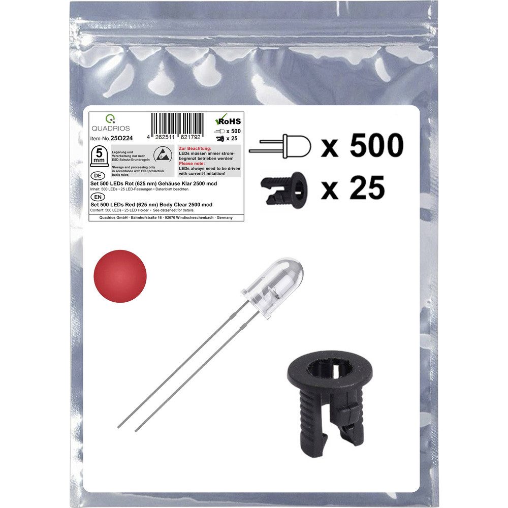 Quadrios LED-Leuchtmittel Quadrios 25O224 LED-Sortiment Rot Rund 5 mm 2500 mcd 20 mA 2.0 V