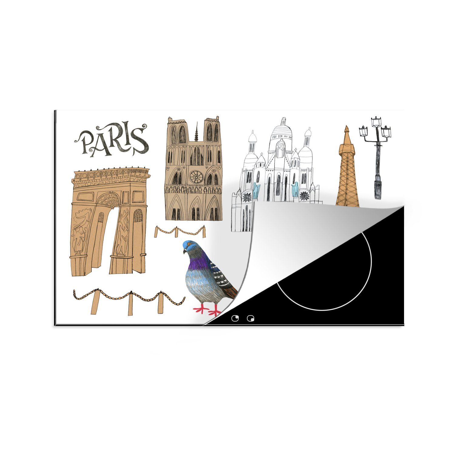 MuchoWow Herdblende-/Abdeckplatte Paris - Zeichnung - Tauben, Vinyl, (1 tlg), 81x52 cm, Induktionskochfeld Schutz für die küche, Ceranfeldabdeckung