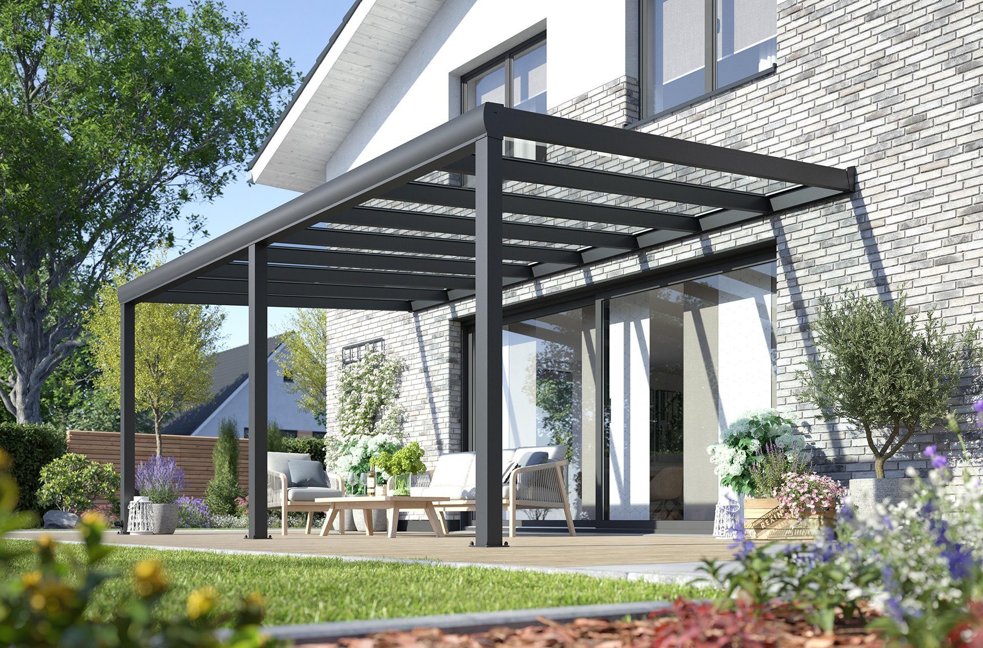 Rexin Terrassendach REXOpremium – hochwertiges Aluminium Terrassendach 6m x 2,5m, BxT: 606x250 cm, Bedachung VSG-Glas klar oder VSG-Glas grau, mit 4mm starken Profilen, Terassenüberdachung, Vordach