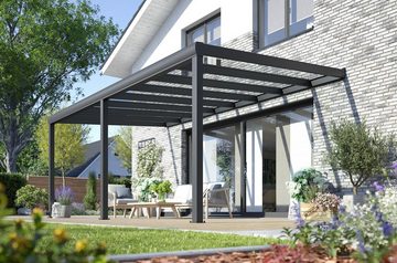 Rexin Terrassendach REXOpremium – hochwertiges Aluminium Terrassendach 6m x 2,5m, BxT: 606x250 cm, Bedachung VSG-Glas klar oder VSG-Glas grau, mit 4mm starken Profilen, Terassenüberdachung, Vordach