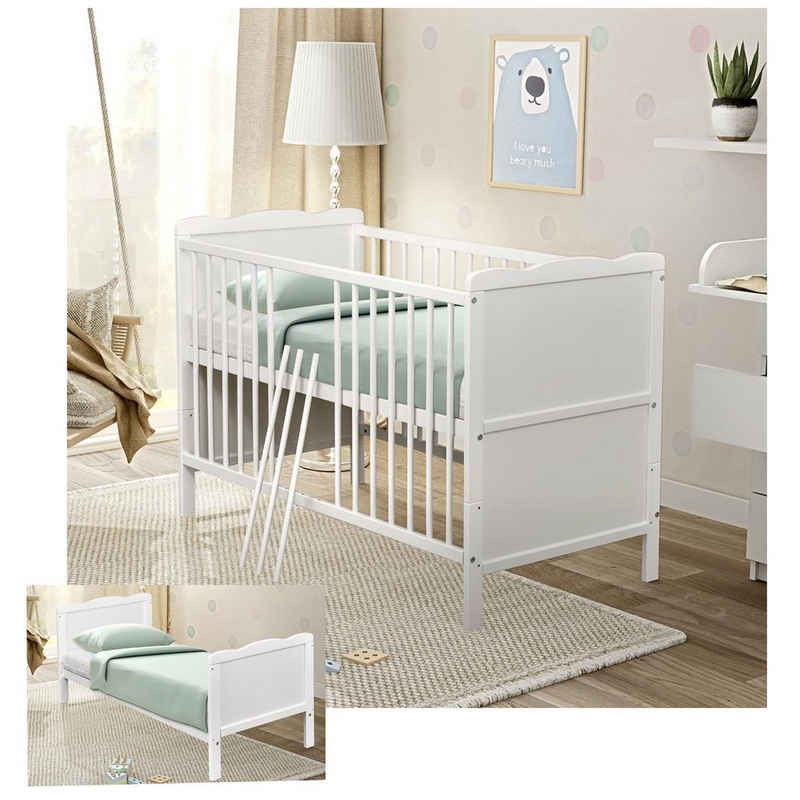 Baby-Delux Babybett Jack, Kinderbett Gitterbett 140x70 weiß mit Beißschienen, Matratze umbaubar