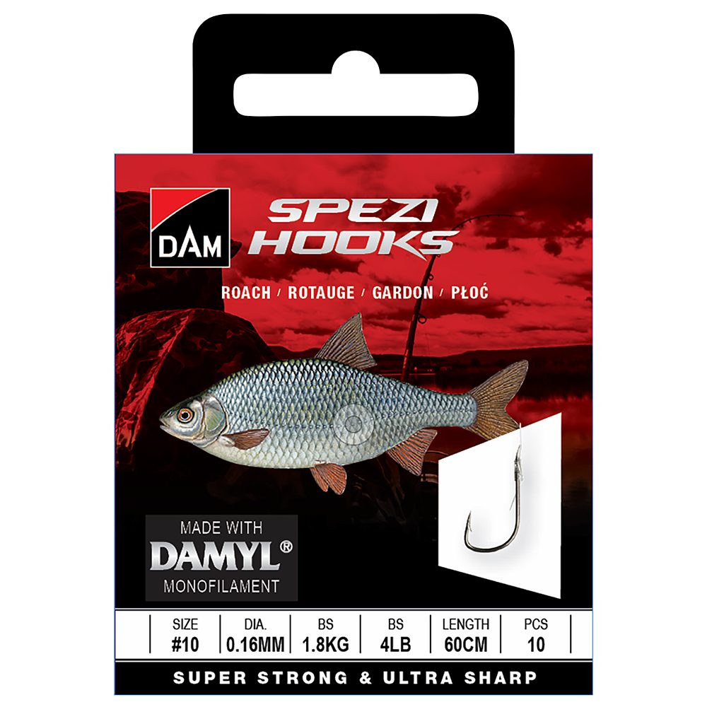 DAM Fishing Stipphaken Vorfachhaken Spezi Roach Größen 10 12 14 16 18 Vorfachl. 60cm Rotauge, (Spar-Set), geeignetste Hakenmodell und die passende monofile Schnur