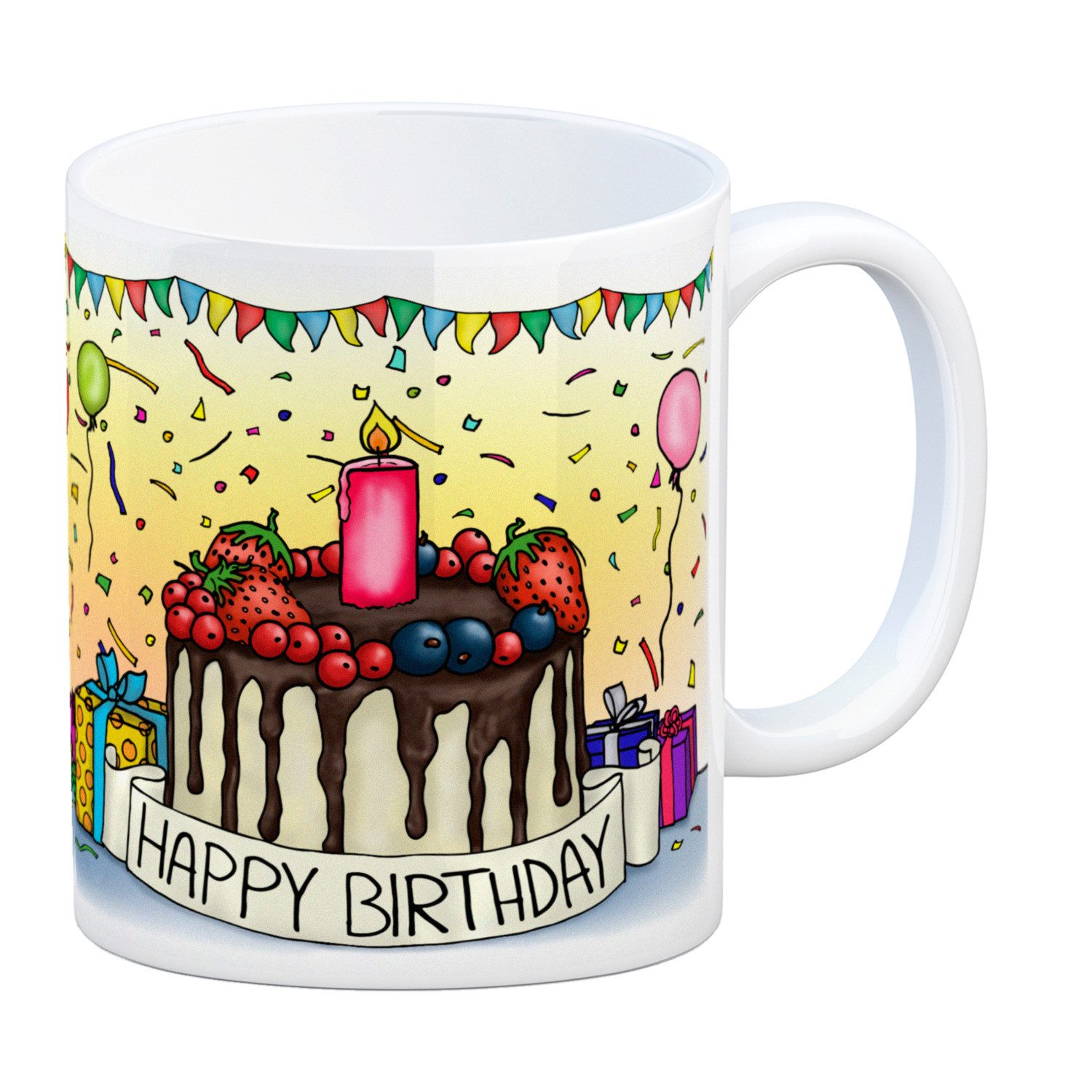 speecheese Tasse Kaffeebecher mit Geburtstagstorte Motiv und Spruch: Happy Birthday
