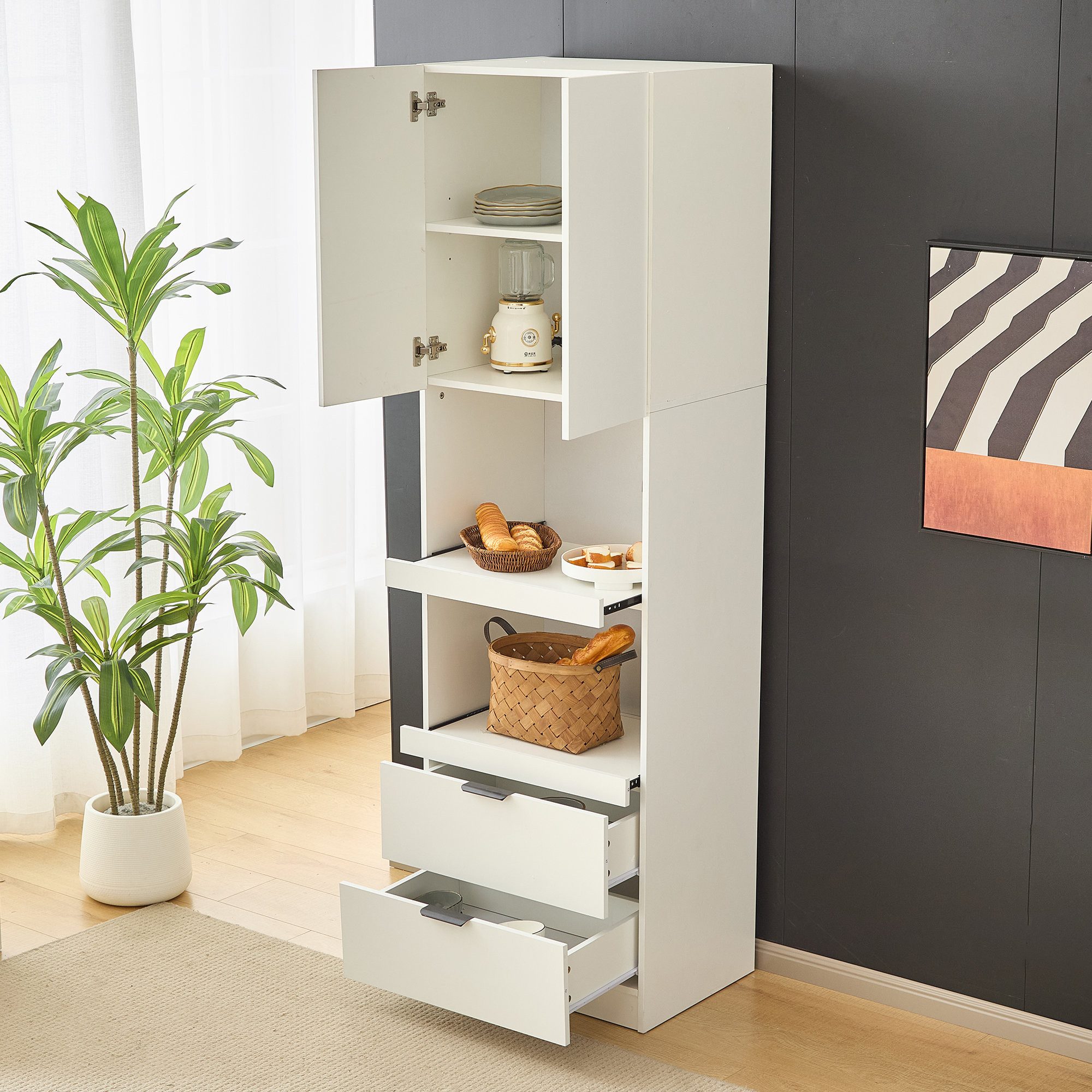 Odikalo Hochschrank Küchenschrank Mehrzweckschrank mit Schubladen offenen Schiebeböden (200cm hohe Küchenschränke Lagerschränke Türen Schubladen Mikrowellenregale Hochschränke mit Kippschutz Sideboards freistehende Multifunktionsschränke weiß)