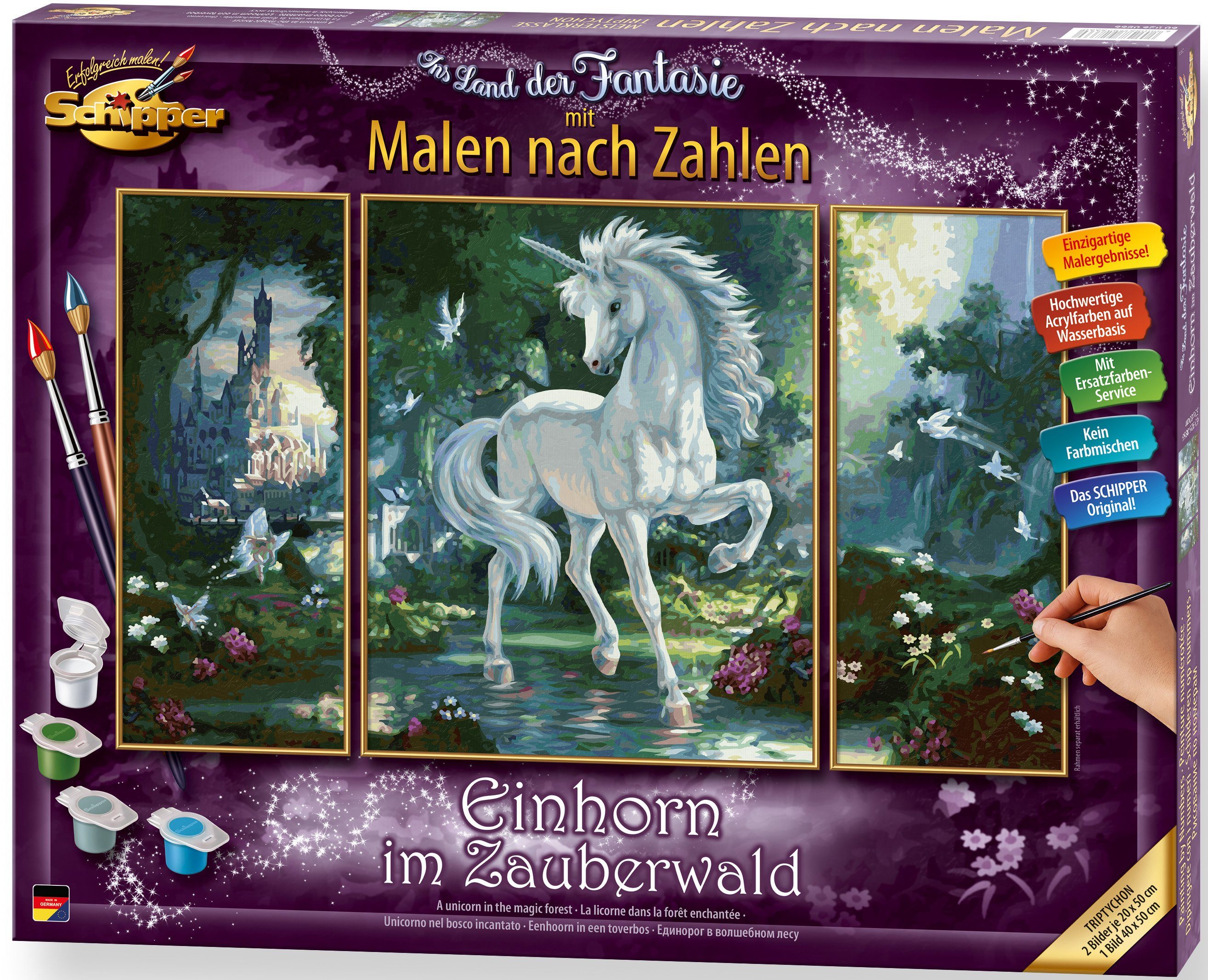 Schipper Malen nach Zahlen Meisterklasse Triptychon - Einhorn Zauberwald, Made in Germany