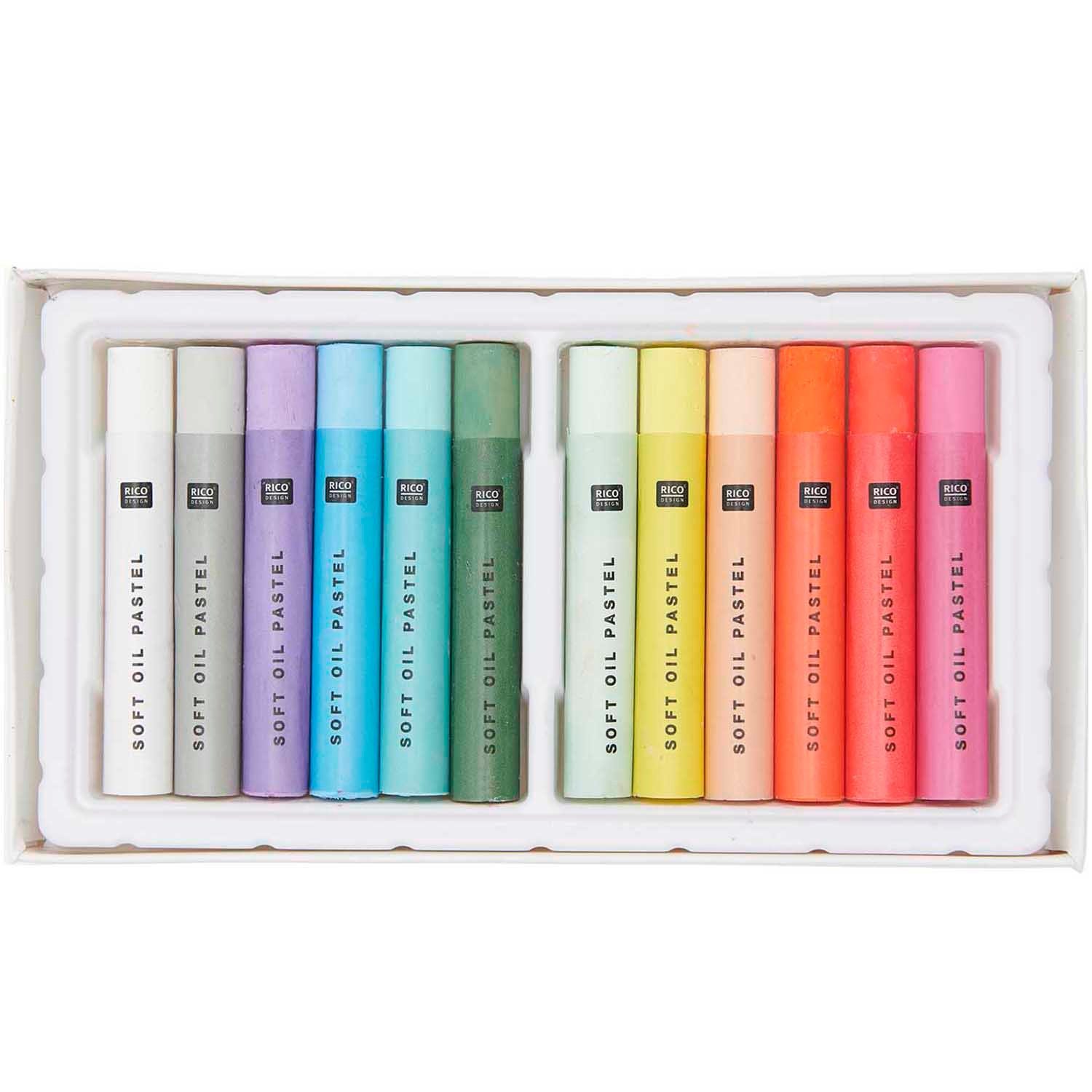Rico Design Pastellkreide Soft Oil Pastels, 12 extra weiche Ölpastellkreiden, Pastell- & Neonfarben
