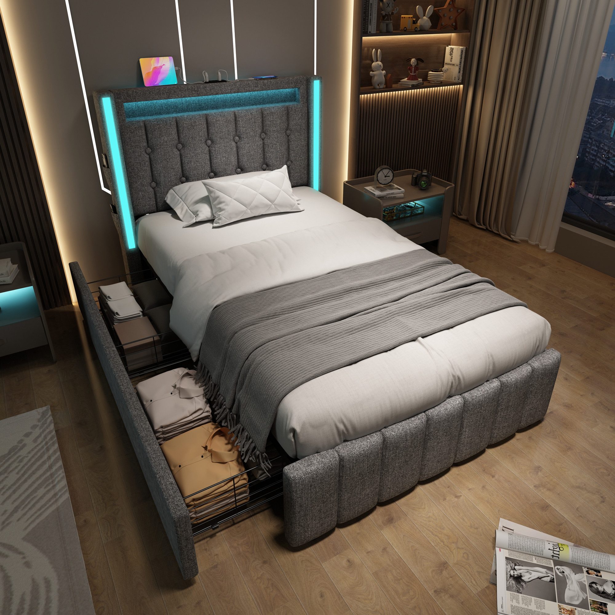 MODFU Polsterbett Modernes Komfortbett mit LED & USB/Typ-C (90x200cm, Stauraum, Grau( ohne Matratze), 2 Schubladen, Holz-Lattenrost, Jugendbett