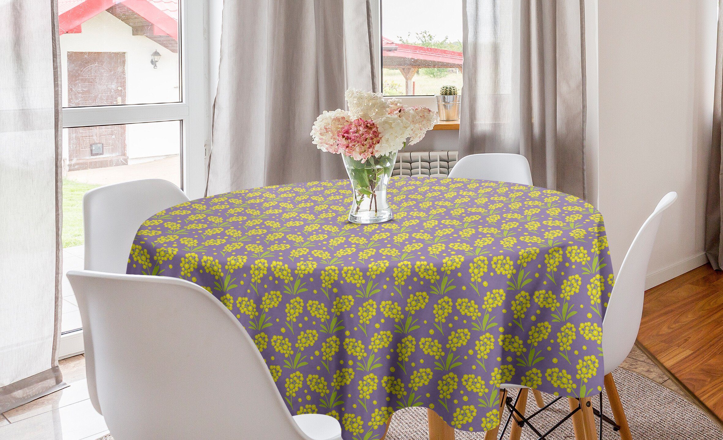 Abakuhaus Tischdecke Kreis Tischdecke Abdeckung für Esszimmer Küche Dekoration, Frühling Mimosa Blumen-Blüten-Kunst
