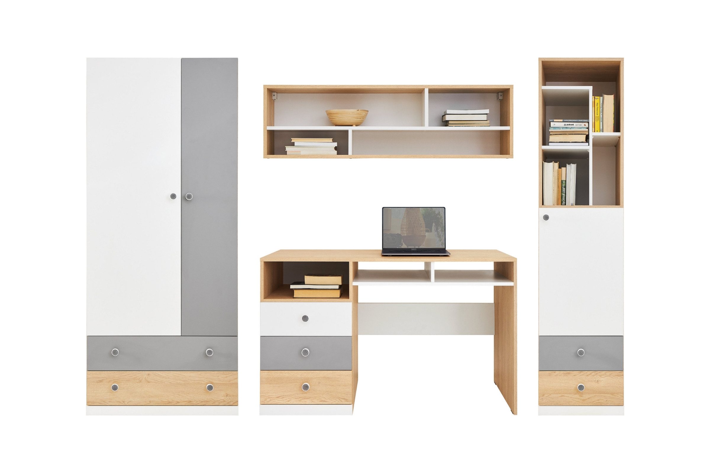 Deine Мебель 24 Jugendzimmer-Set POKO 2 mit Kleiderschrank, Schreibtisch, Regal und Hängeregal, (4-tlg., 4-teilig), in Biskuiteiche / Weiß Lux / Grau