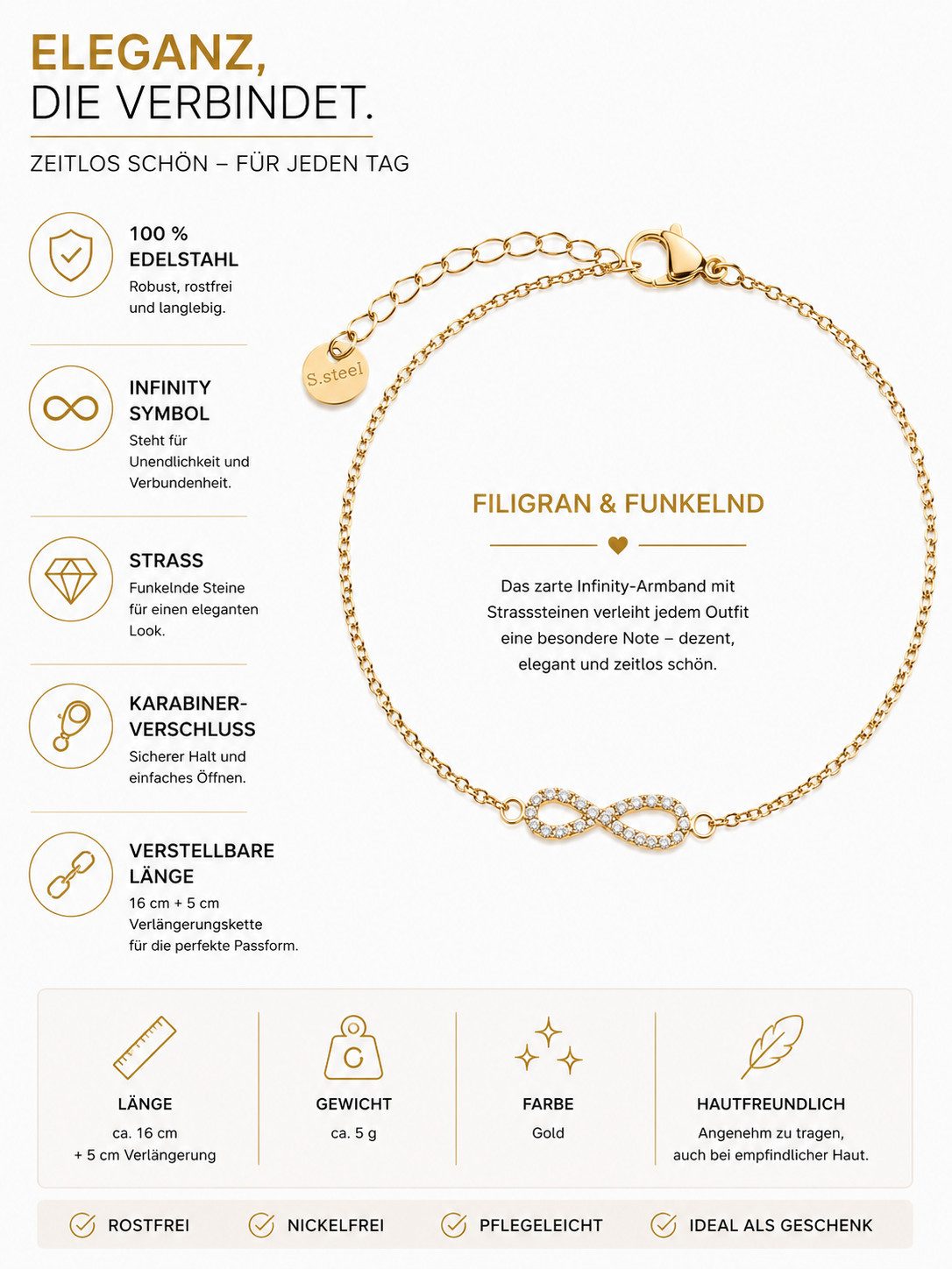 Brise Schmuck Schmuckset Schmuckset Damen Infinity Edelstahl Halskette & Armband Gold/Silber (Schmuckset, 1 Armband, 1 Halskette), Infinity Schmuckset, verstell – Bild 3 von 4