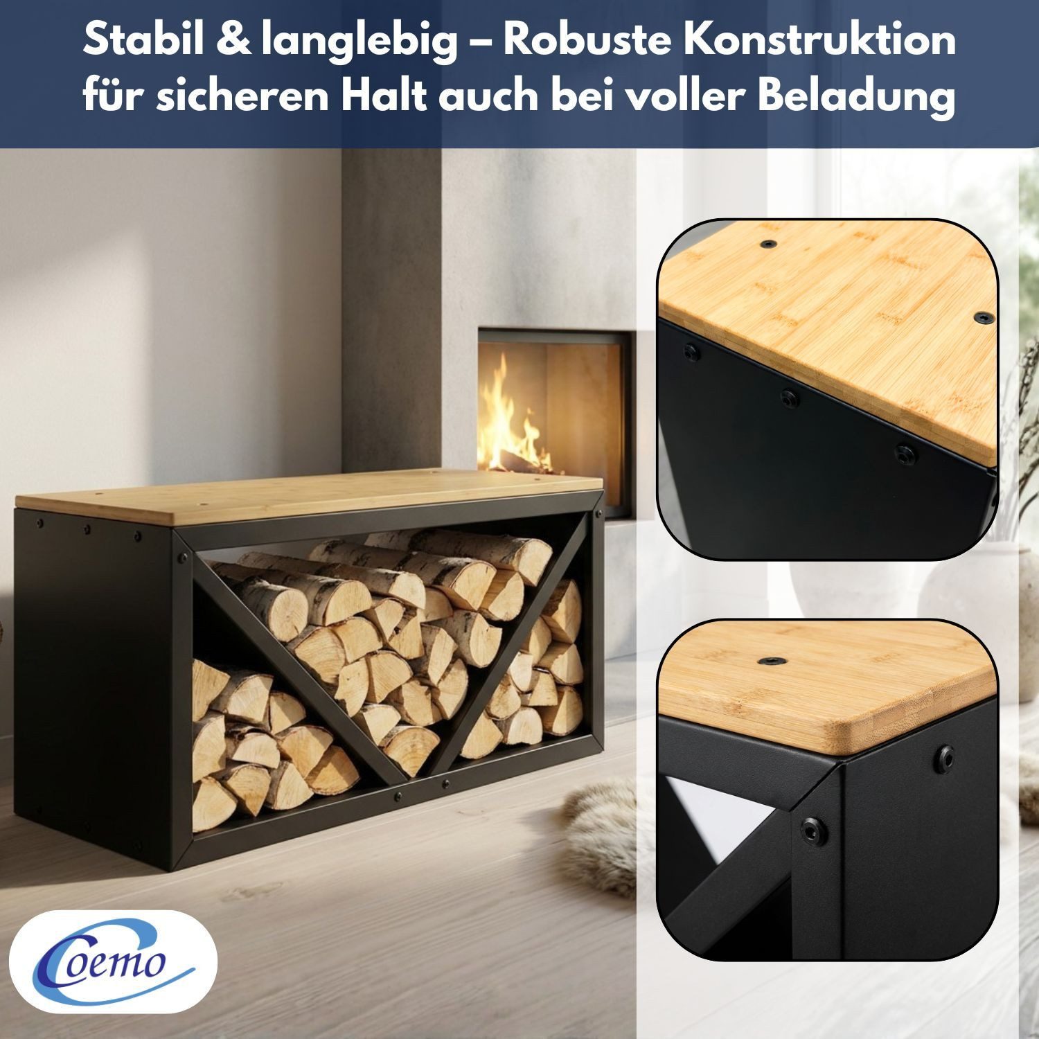 Coemo Kaminholzregal RUDI, (1-St), Schwarz Kaminholzlager Brennholzregal Ofenbank Holzstapelhilfe Metall