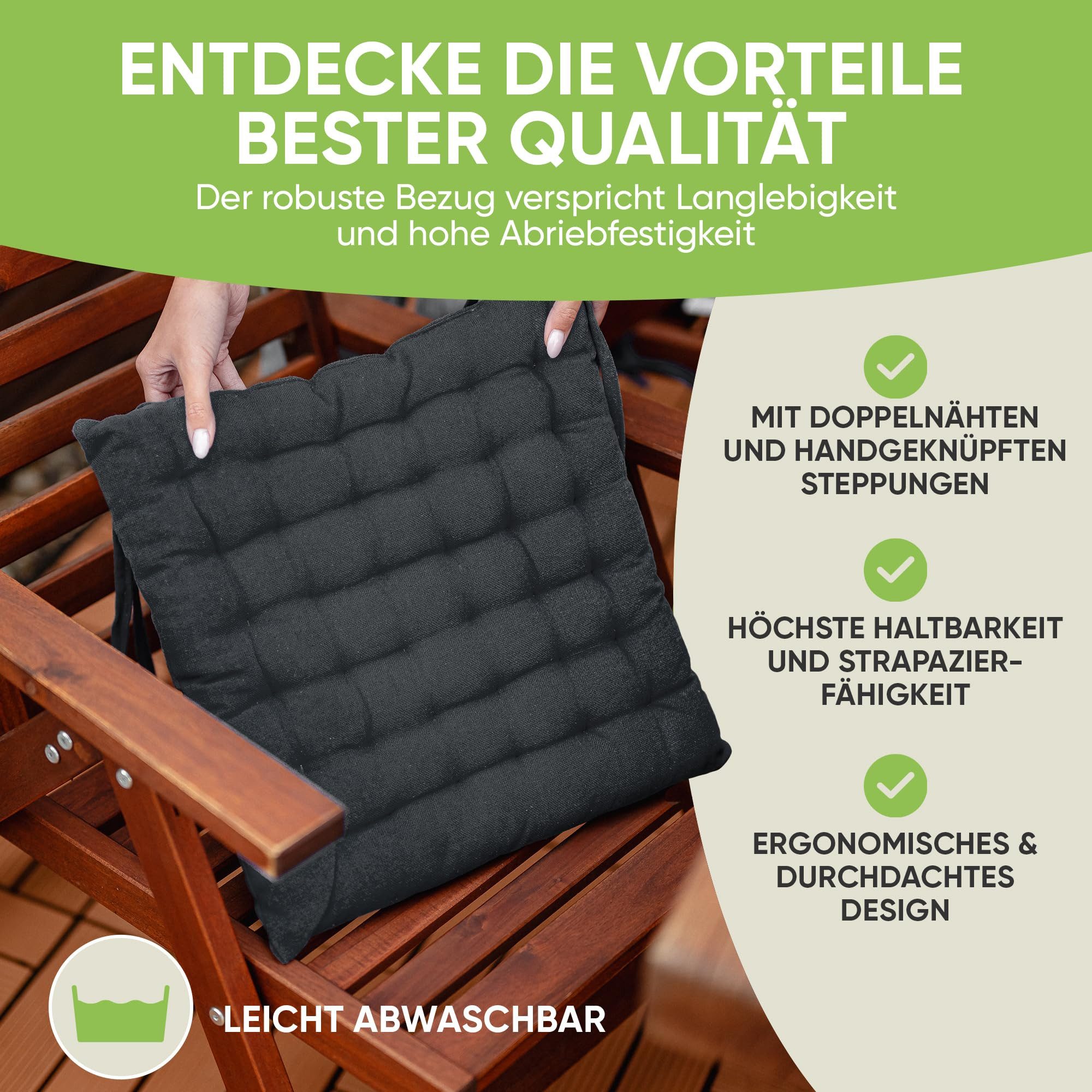 Gräfenstayn Stuhlkissen 4er-Set in 40x40cm und 5cm dicker Polsterung aus 100% Baumwolle, robustes Sitzkissen für Indoor & Outdoor, mit Haltebändern – Bild 5 von 5