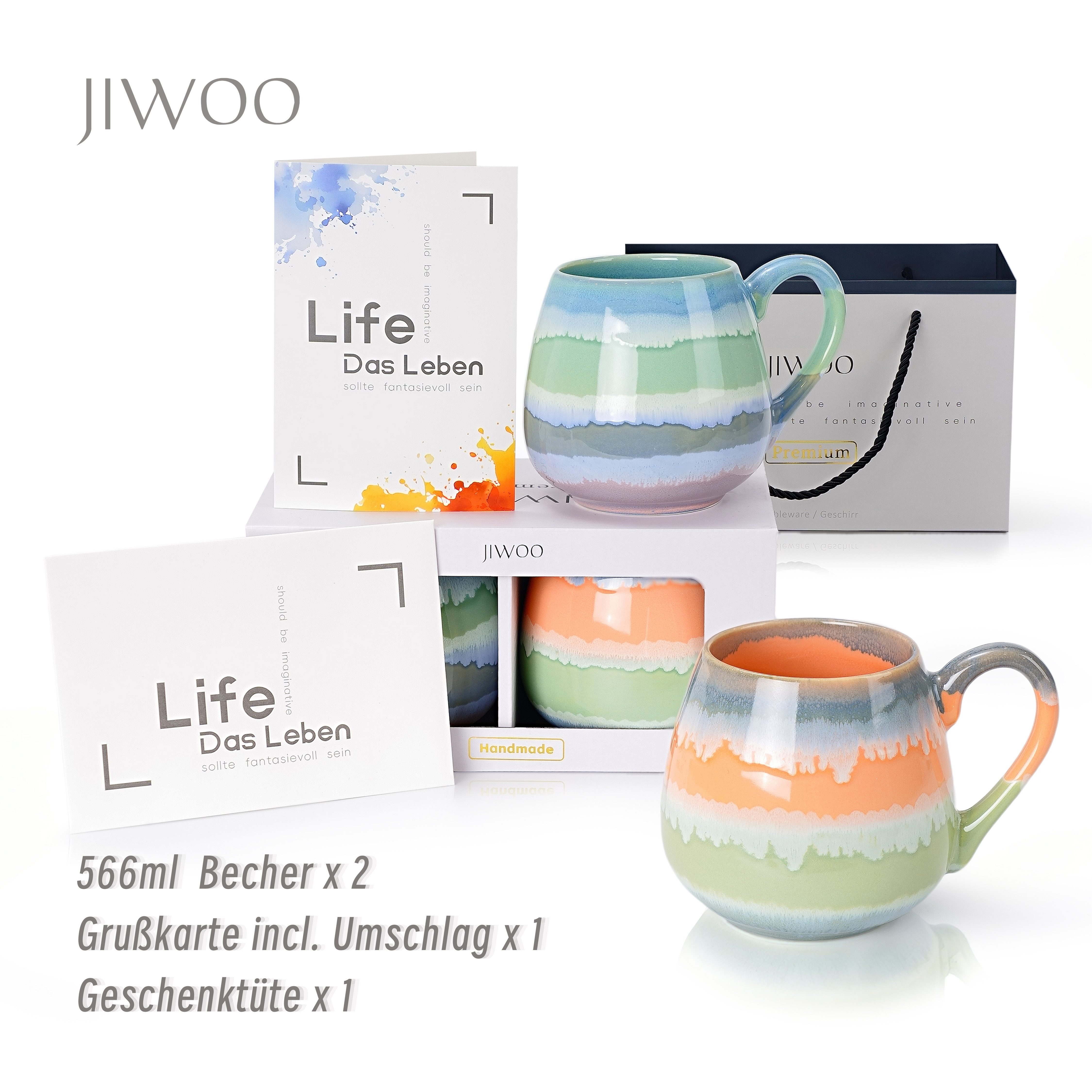 JIWOO Becher 2 Stk 566ml Handgefertigte KaffeeBecher Geschenk set Tassen TeeBecher, 2-tlg., Keramik, Handgefertigt Kafeeservice Mikrowellen- und spülmaschinenfest