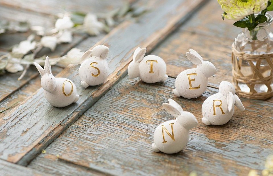 Dekoleidenschaft Osterhase weiß mit Schriftzug OSTERN in gold, Dekofigur,  Osterdeko, Tischdeko (6 St), Hasen in Holz Optik im Set