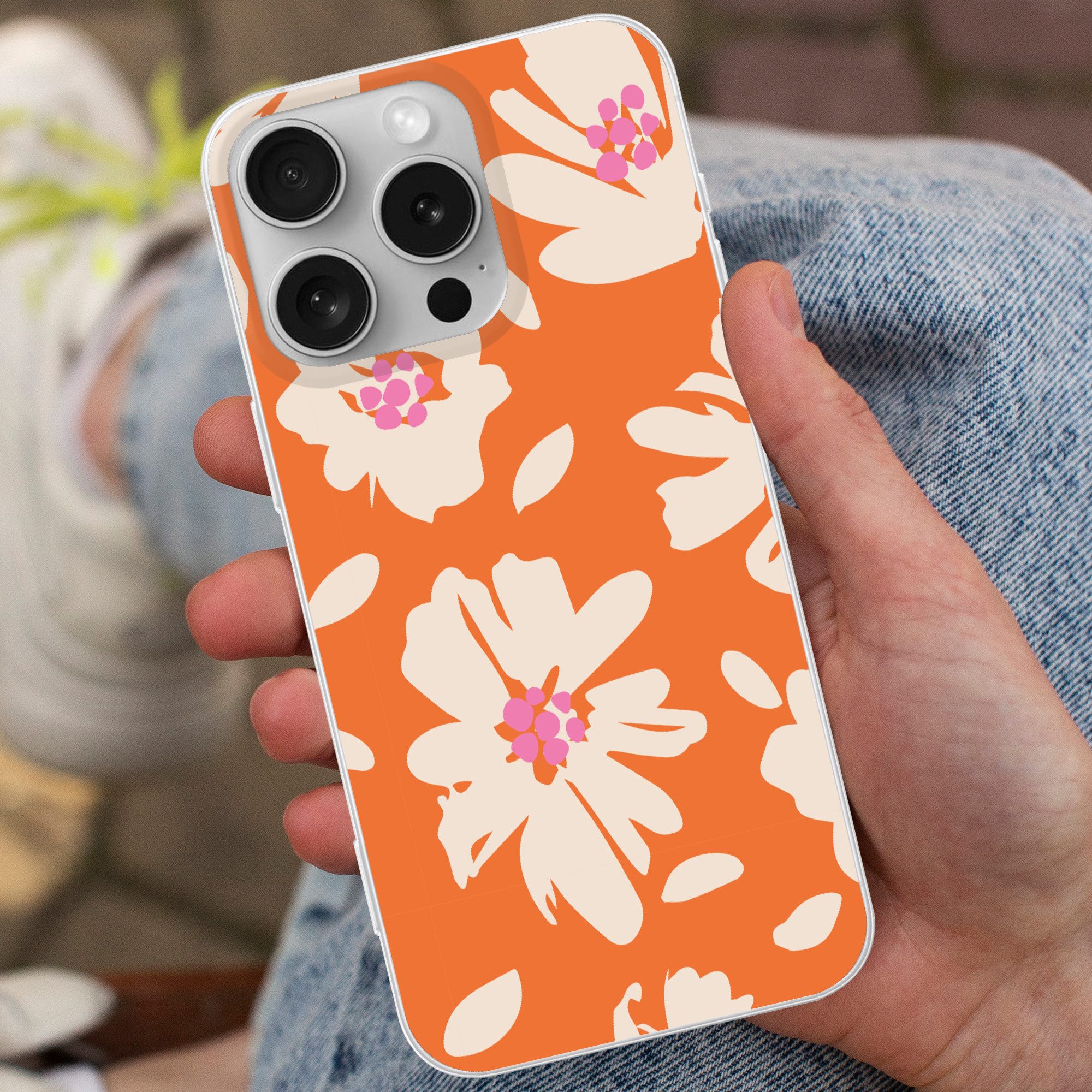 MuchoWow Handyhülle für Apple iPhone 16 Pro Blumen - Orange - Beige - Rosa - Abstrakt, Smartphone-Bumper, Print, Handy Schutzhülle Dünn