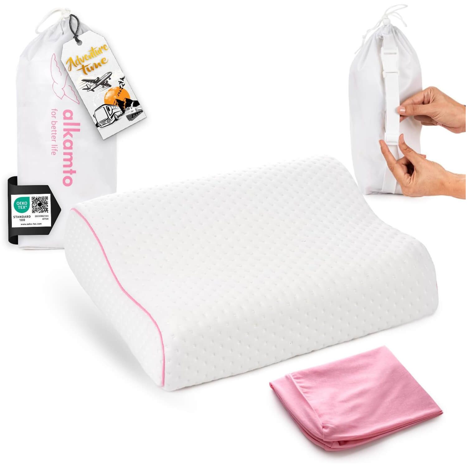 Alkamto Kopfkissen Alkamto Ergonomisches Reisekissen Memory-Schaum Rosa, Füllung: 100% Memory-Smart-Schaum, Bezug: Viskose, Seitenschläfer, Rückenschläfer, 100% Baumwolle, Äußerer Bezug: Viskose, Füllung: 100% Viscoschaum