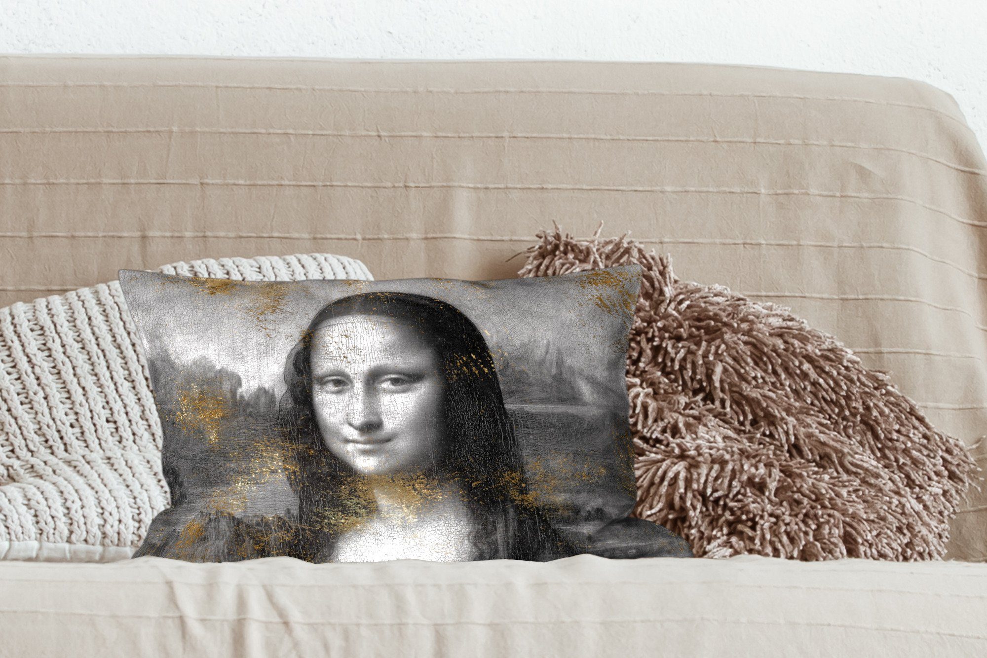 Mona mit Schlafzimmer Dekokissen da Dekoration, Gold, Leonardo Vinci Zierkissen, Dekokissen - Wohzimmer MuchoWow Lisa - Füllung,