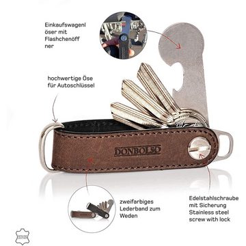 Donbolso Schlüsseltasche Leder Schlüsselorganizer mit Einkaufswagenlöser & Edelstahlscheibe, Schwarz-Braun Edelstahl S