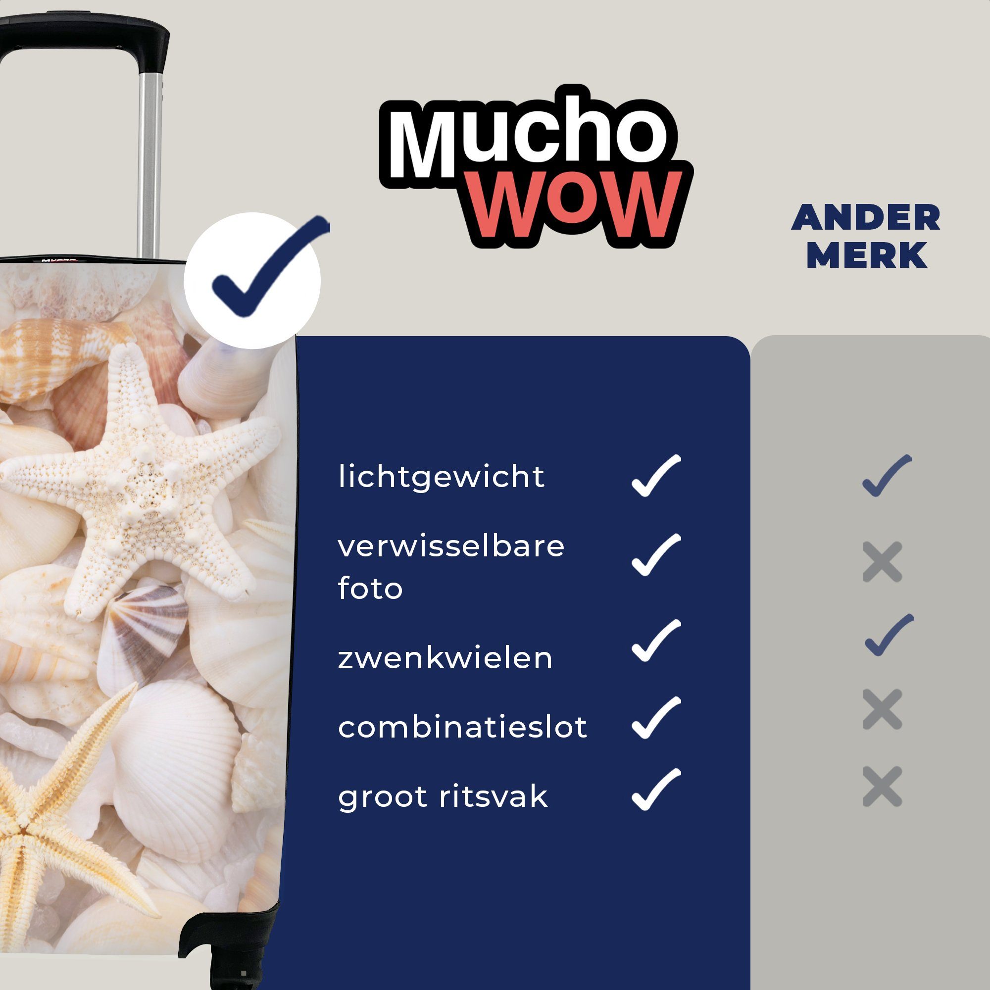 MuchoWow Handgepäckkoffer Ferien, 4 Handgepäck Reisekoffer - Reisetasche Trolley, Sommer, für - Muscheln Strand Seestern Rollen, mit - rollen