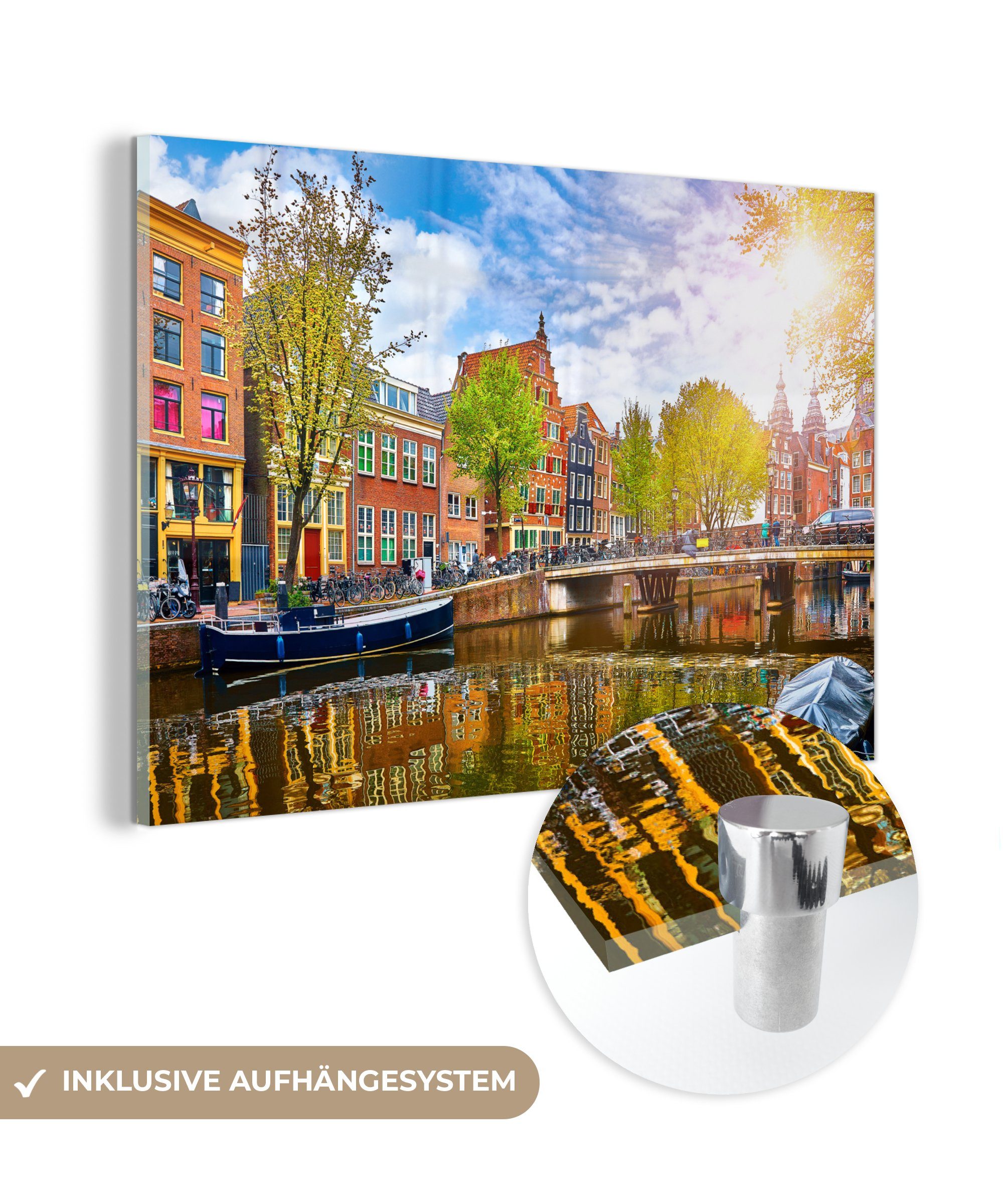 MuchoWow Acrylglasbild Kanal - Amsterdam - Frühling, (1 St), Acrylglasbilder Wohnzimmer & Schlafzimmer