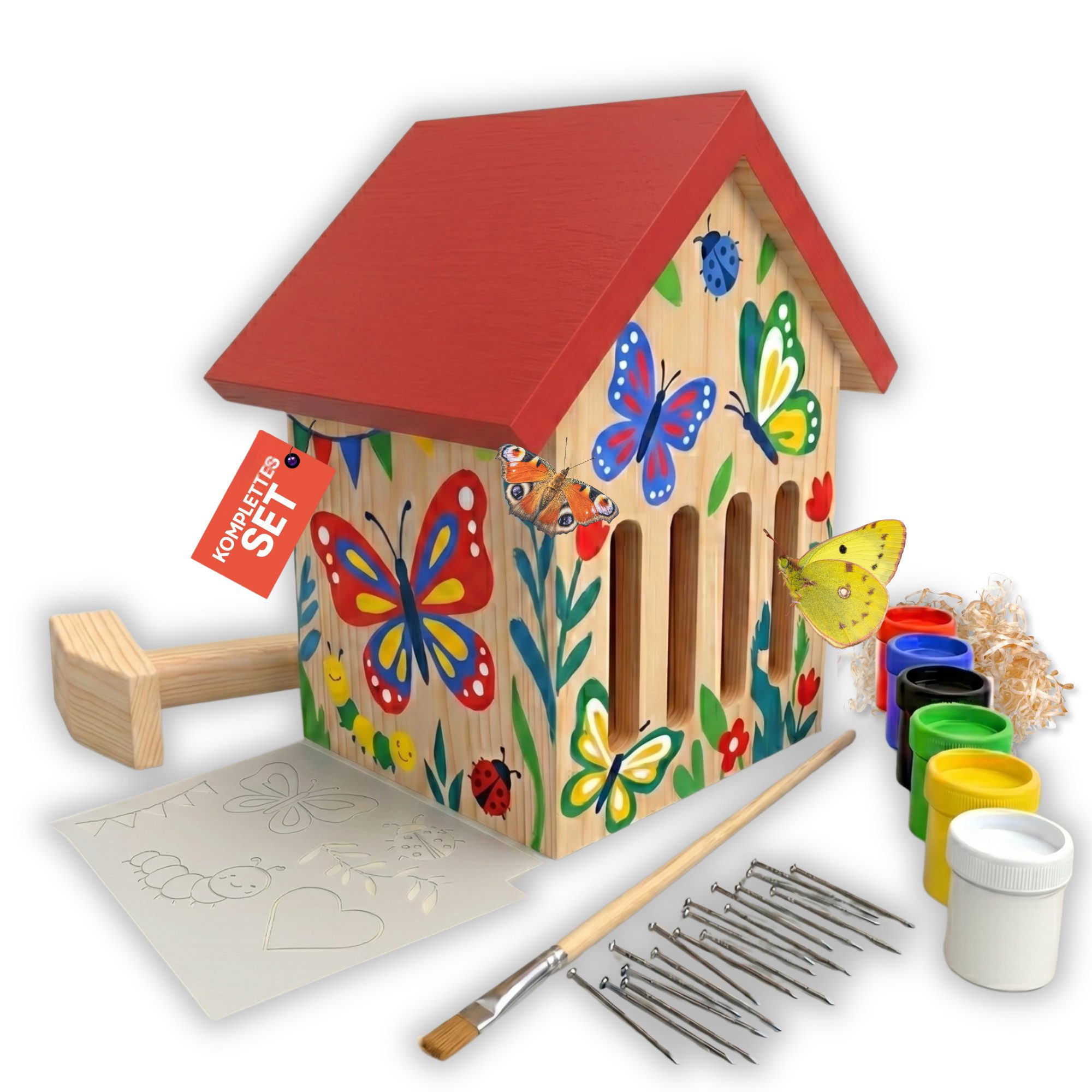 Eli Insektenhotel Schmetterlingshaus Bausatz für Kinder aus Kiefernholz zum Bemalen, (inkl. 6 Farben - Pinsel - Hammer - Nägel, Schablonen & Vorlagen und Füllmaterial), DIY Schmetterlingshotel für Garten & Balkon