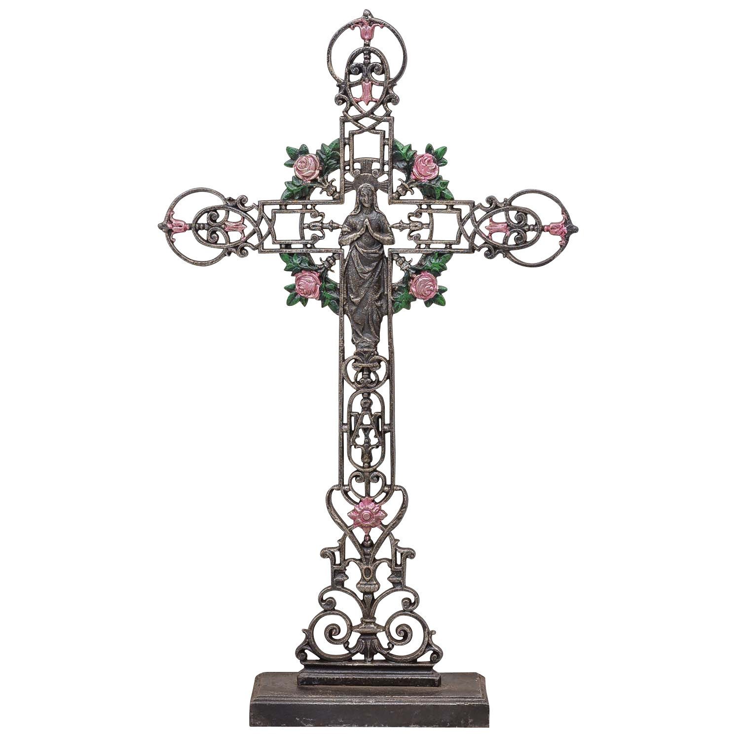 Aubaho Gartenfigur XXL 88cm Kreuz Kruzifix Anitk-Stil Eisen Deko Standkreuz Kirche Altar