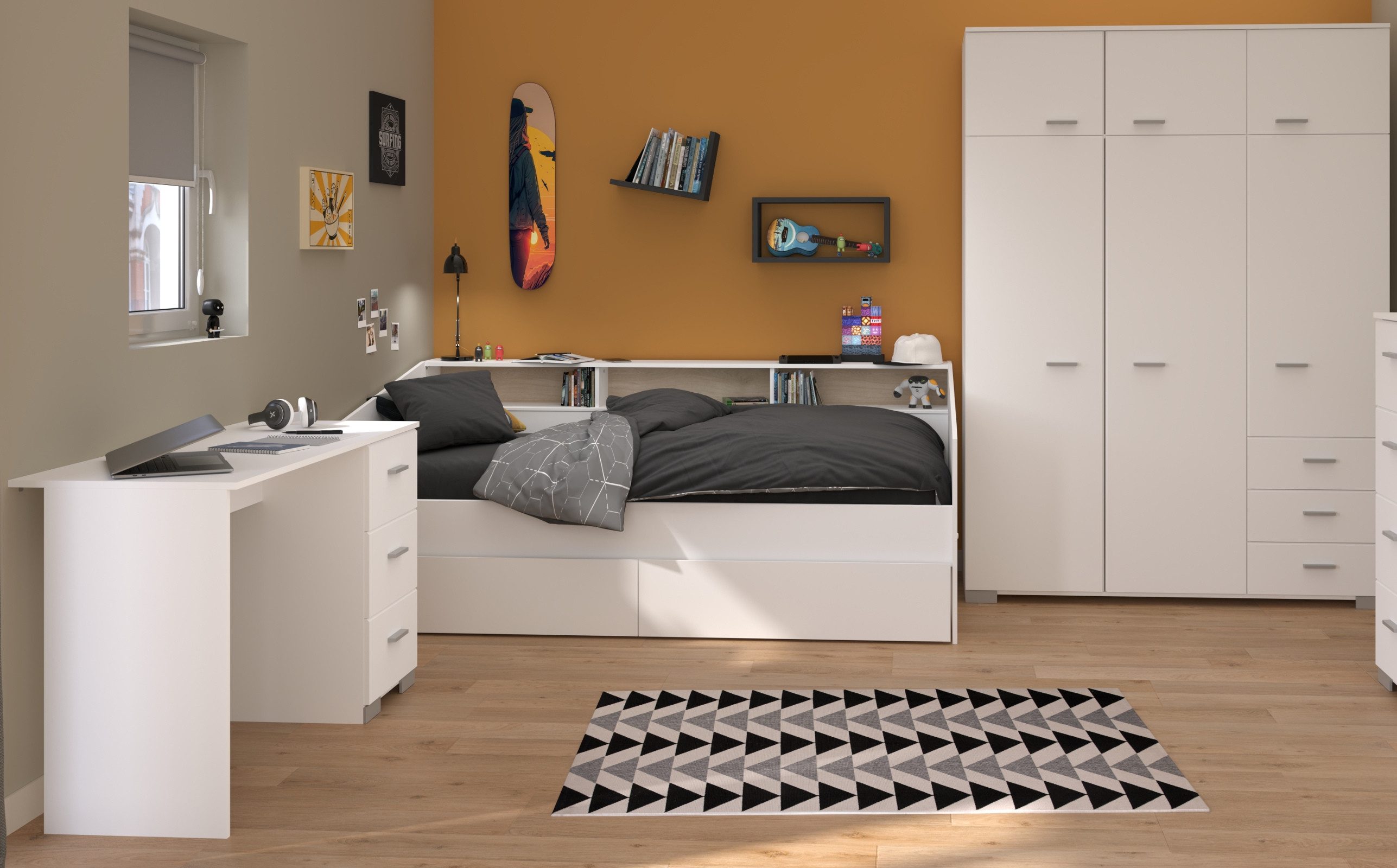 Parisot Jugendzimmer-Set Sleep, (Kinderzimmer in weiß, mit Stauraumbett, Kleiderschrank und Schreibtisch), mit viel Stauraum